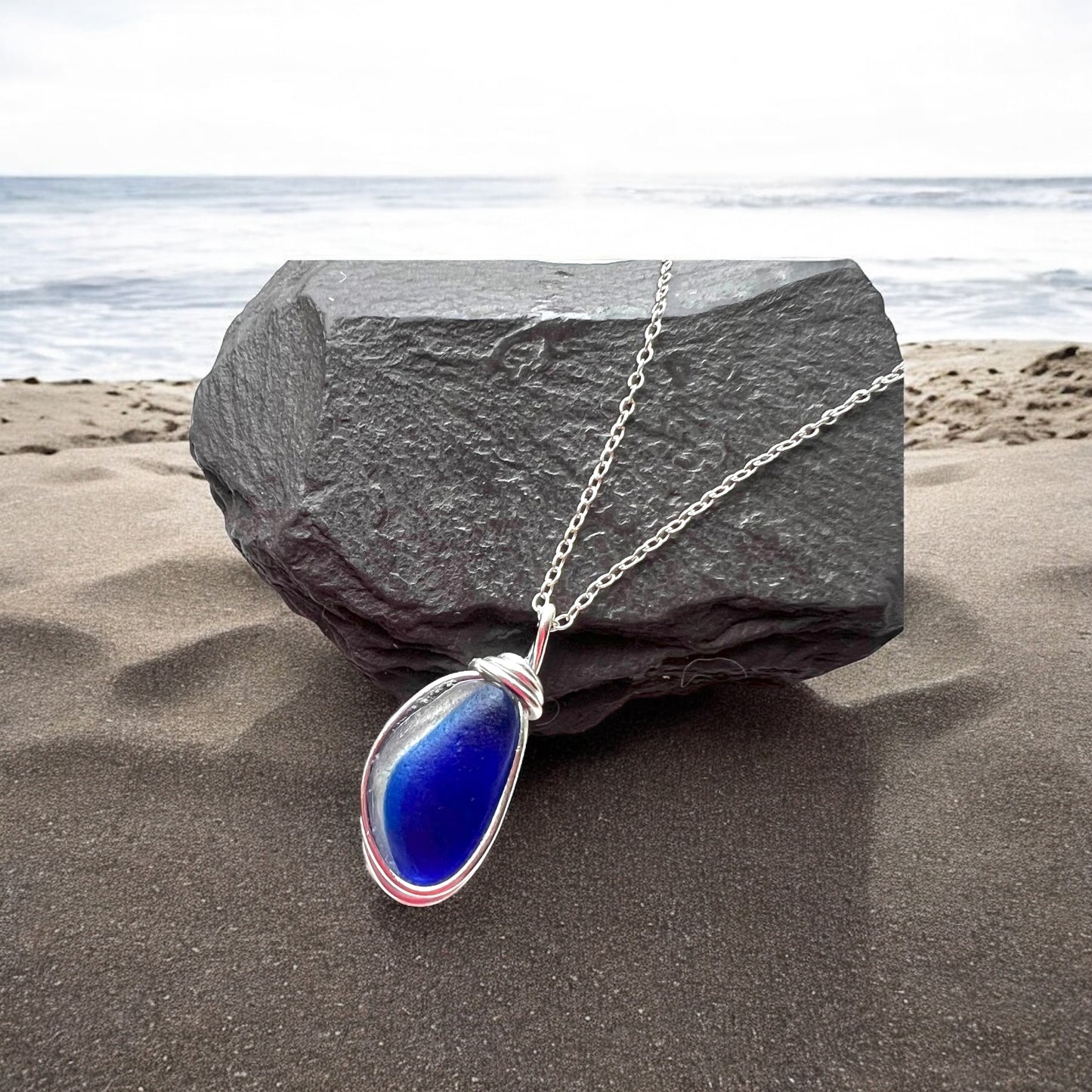 Deep Blue and White Seaham Sea Glass Multicolour Pendant