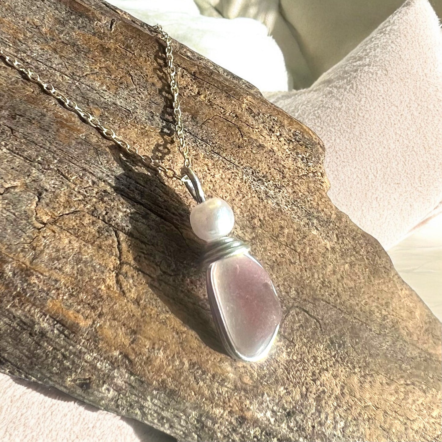 White & Pale Pink Seaham Sea Glass Pendant