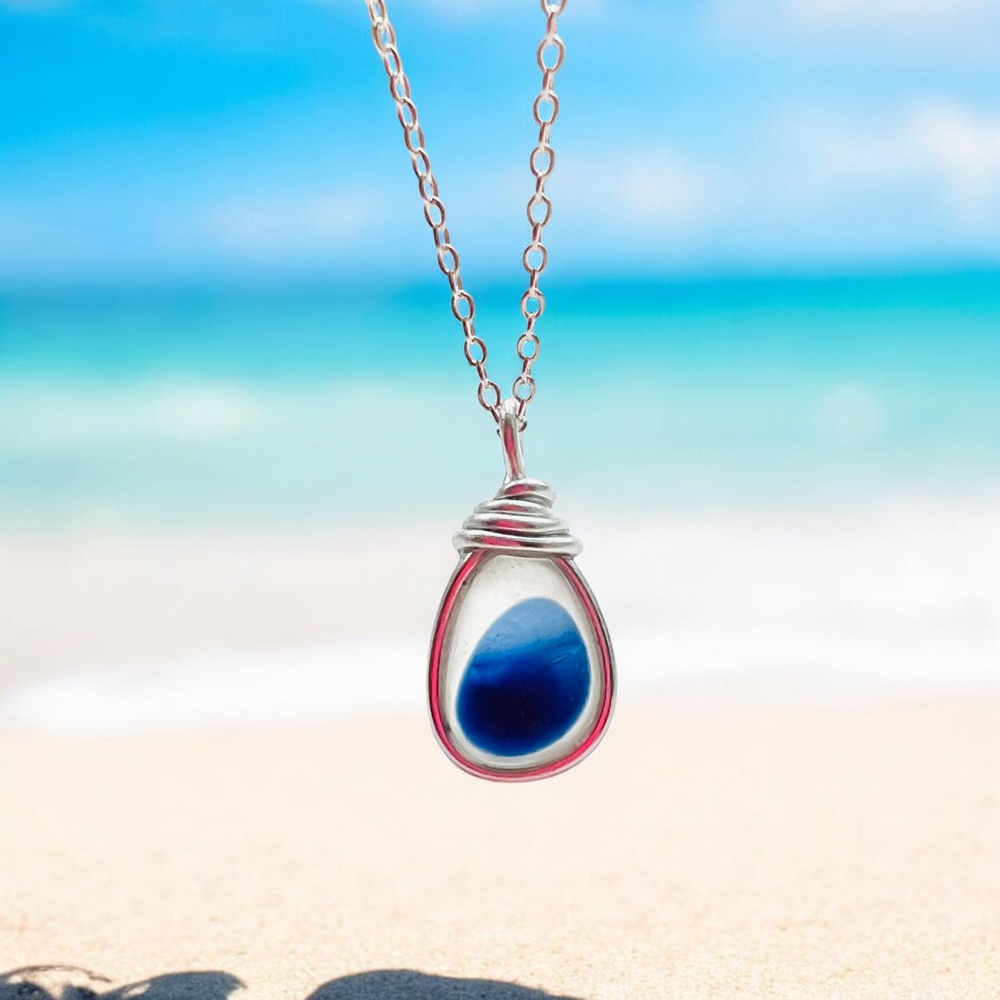 Mixed Blue and White Seaham Sea Glass Multicolour Pendant