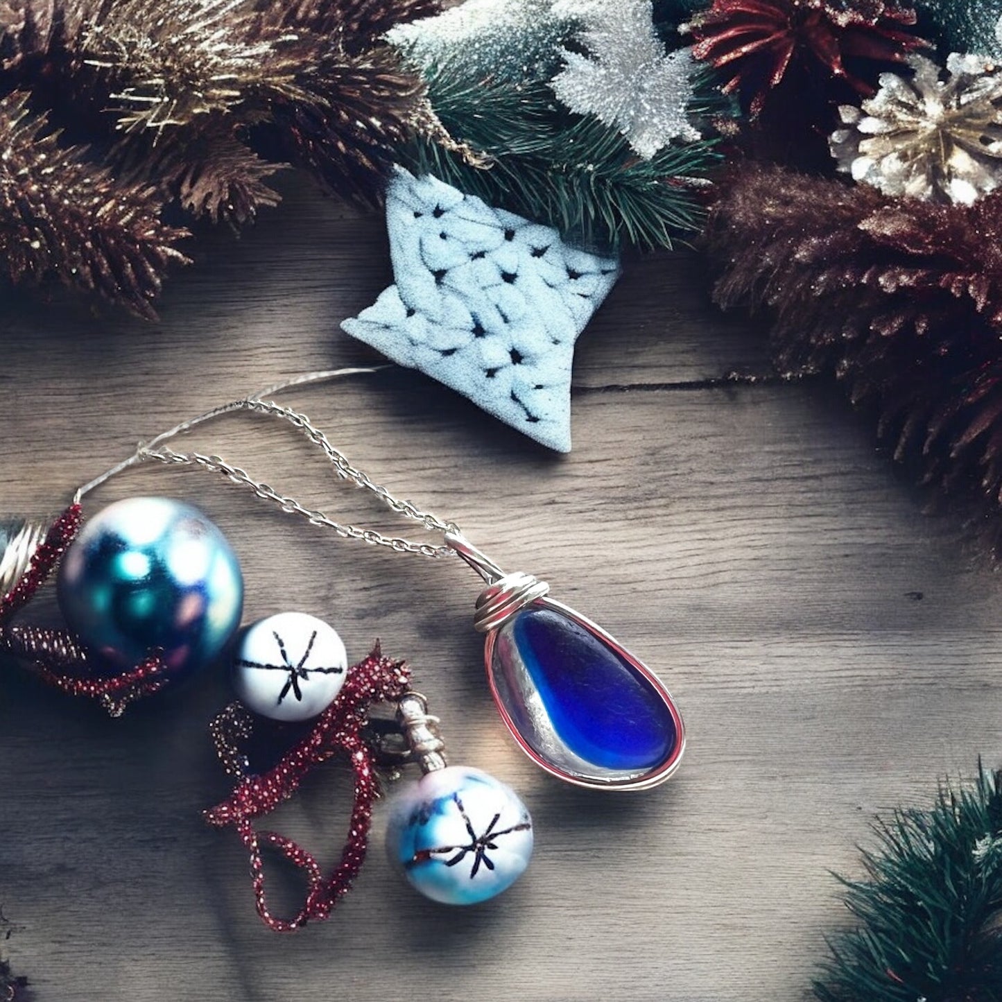 Deep Blue and White Seaham Sea Glass Multicolour Pendant