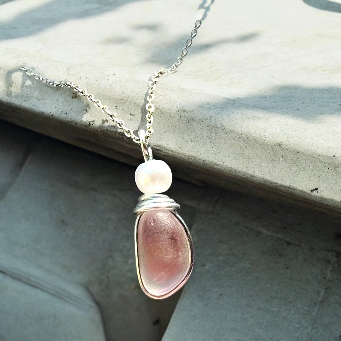 White & Pale Pink Seaham Sea Glass Pendant