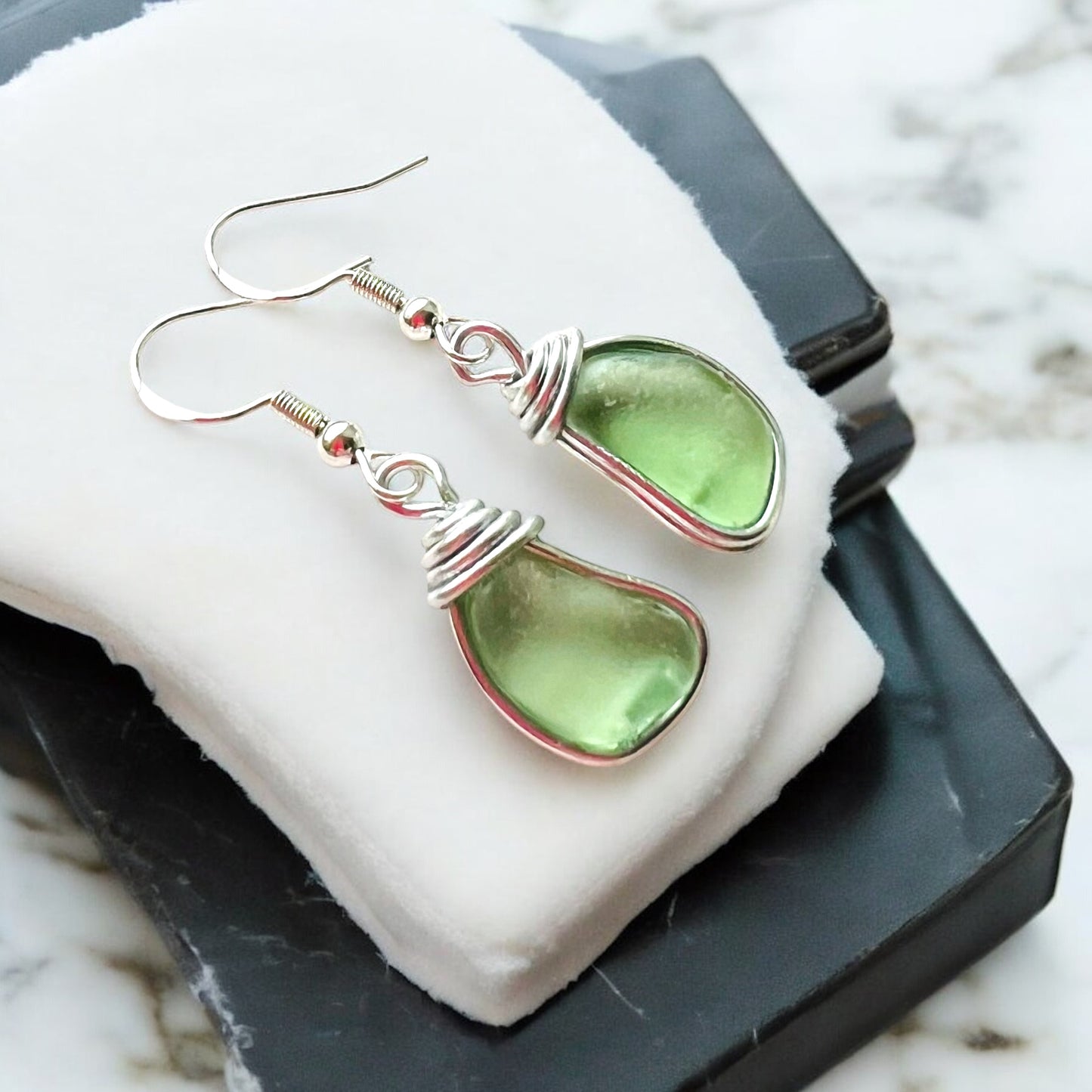 Lime Green Seaham Sea Glass Earrings On Sterling Silver Hooks