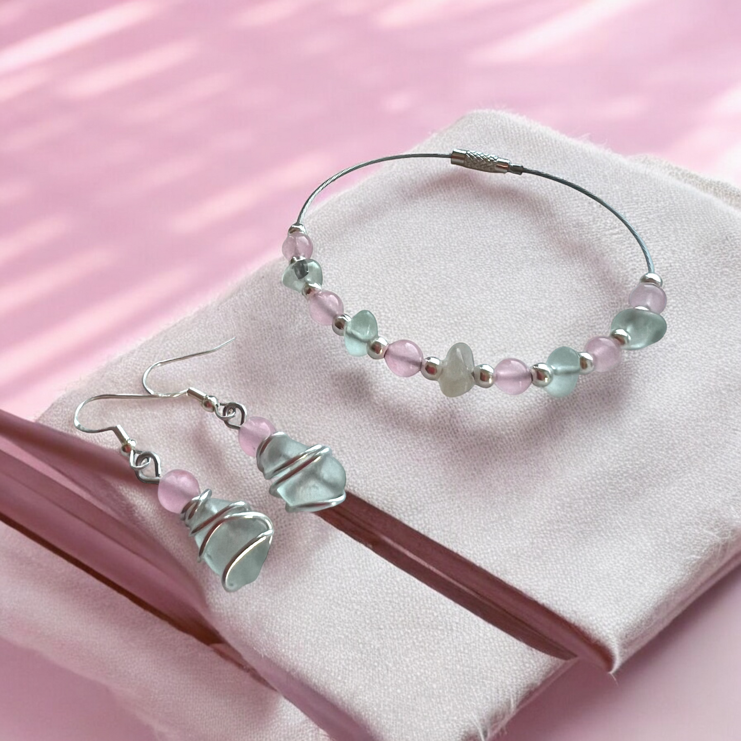 Aqua Sea Glass & Rose Qtz Bracelet and Earrings Set