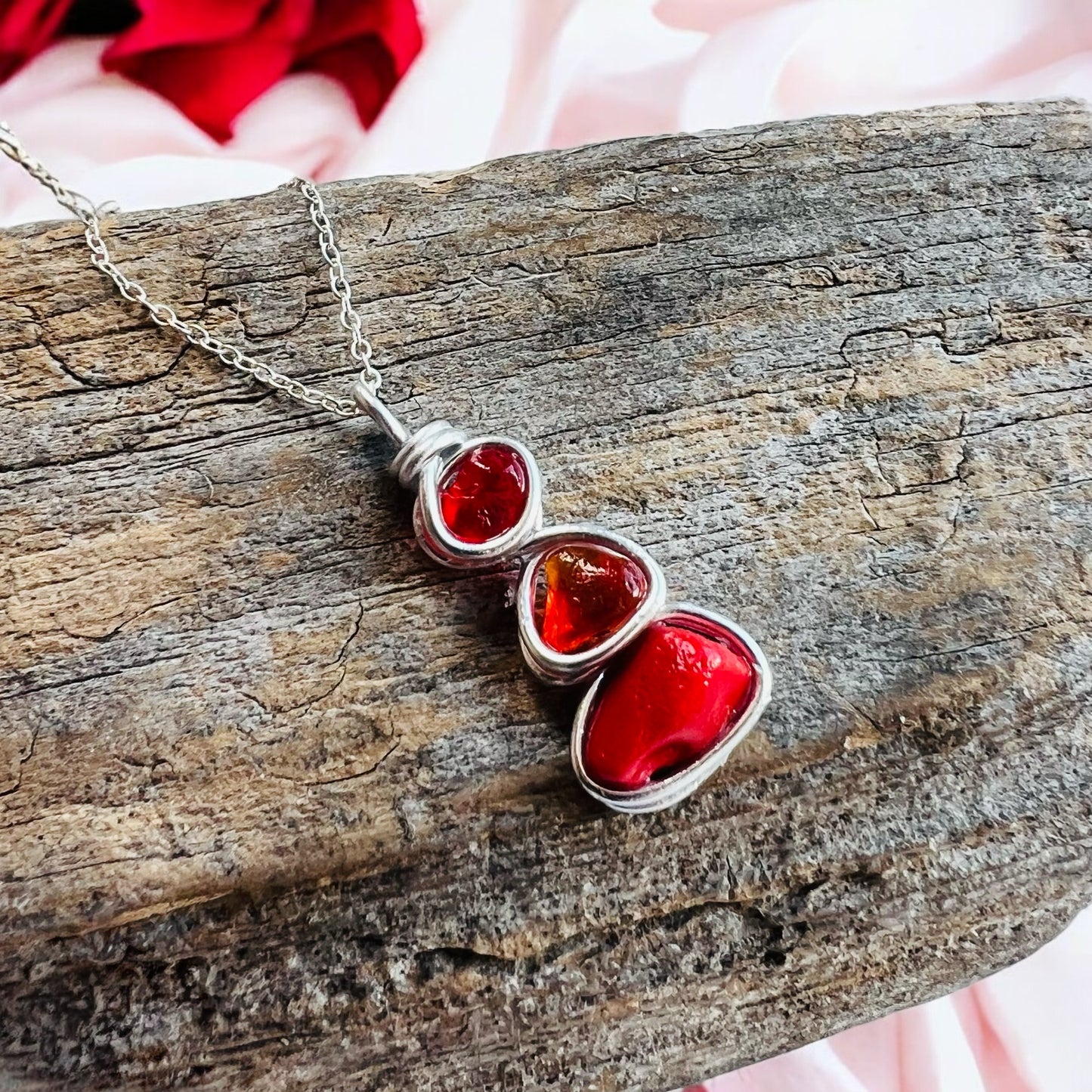 Rare Red and Orange Seaham Sea Glass Pendant