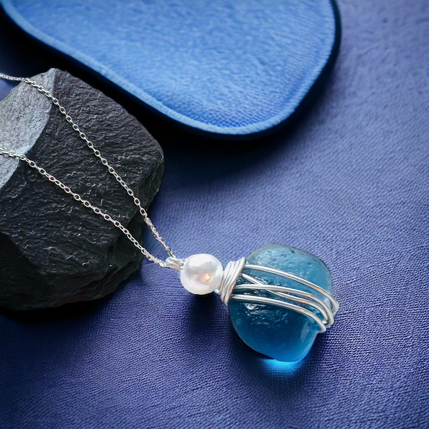 Large Chunky Blue Seaham Sea Glass Pebble Pendant