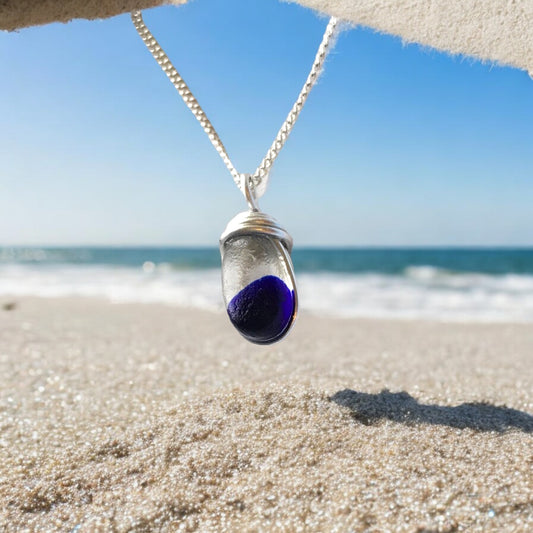 Deep Blue Spot Sea Glass Pendant on a Sterling Silver Chain