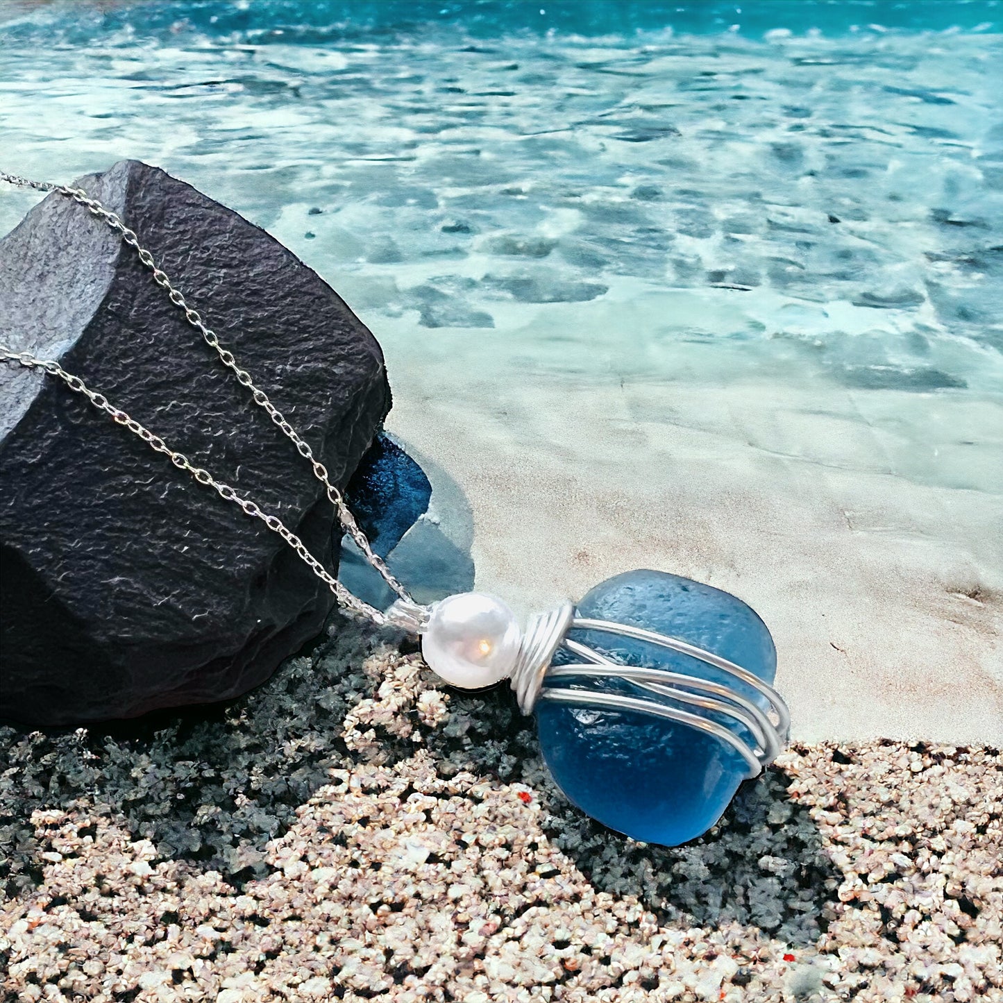 Large Chunky Blue Seaham Sea Glass Pebble Pendant