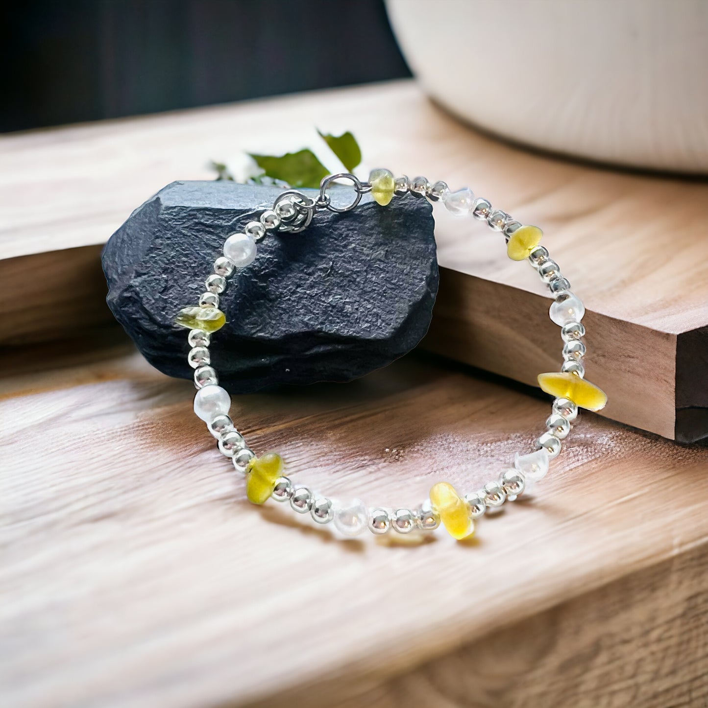 Yellow Seaham Sea Glass and Glass Pearl Bracelet