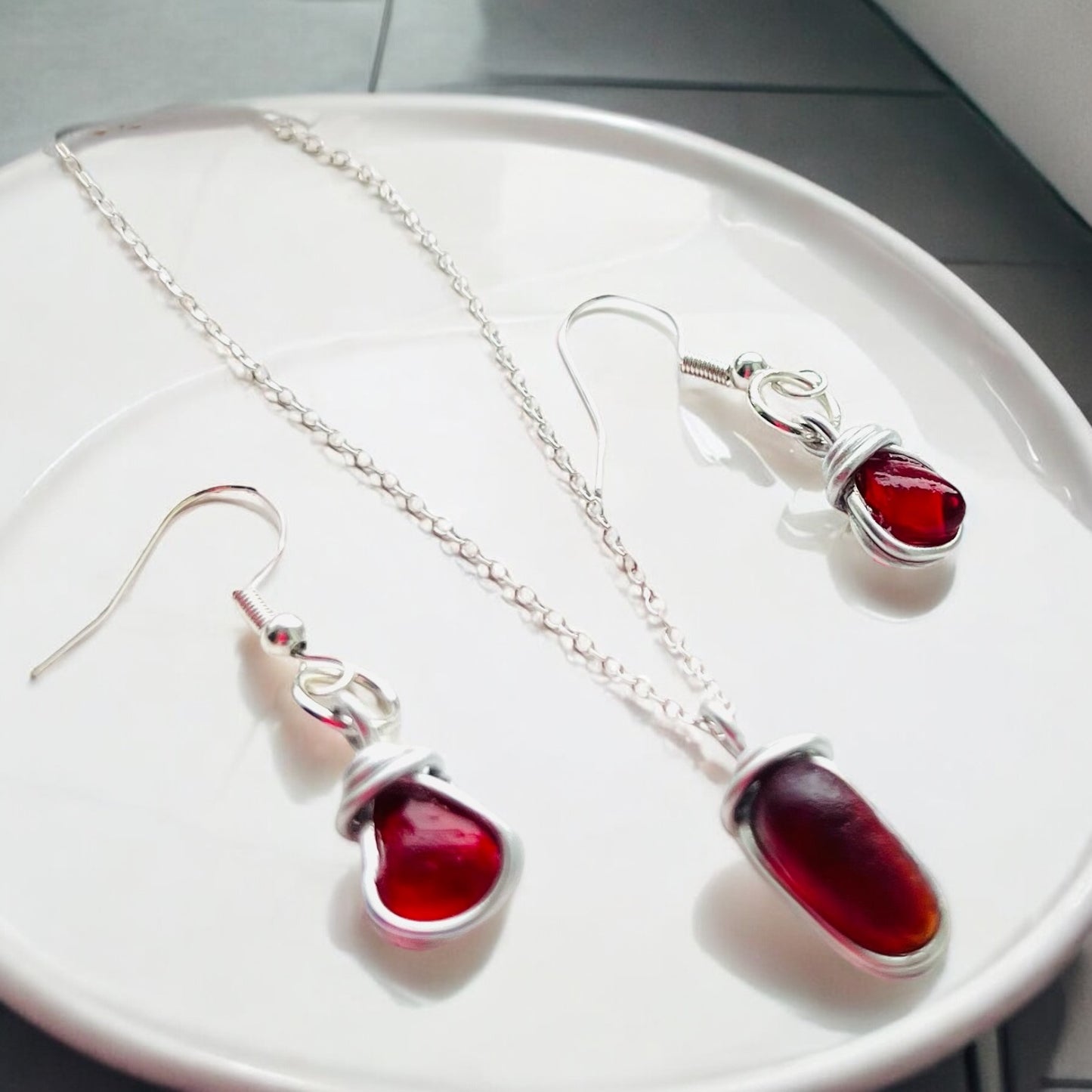 Rare Red Seaham Sea Glass Jewellery Set