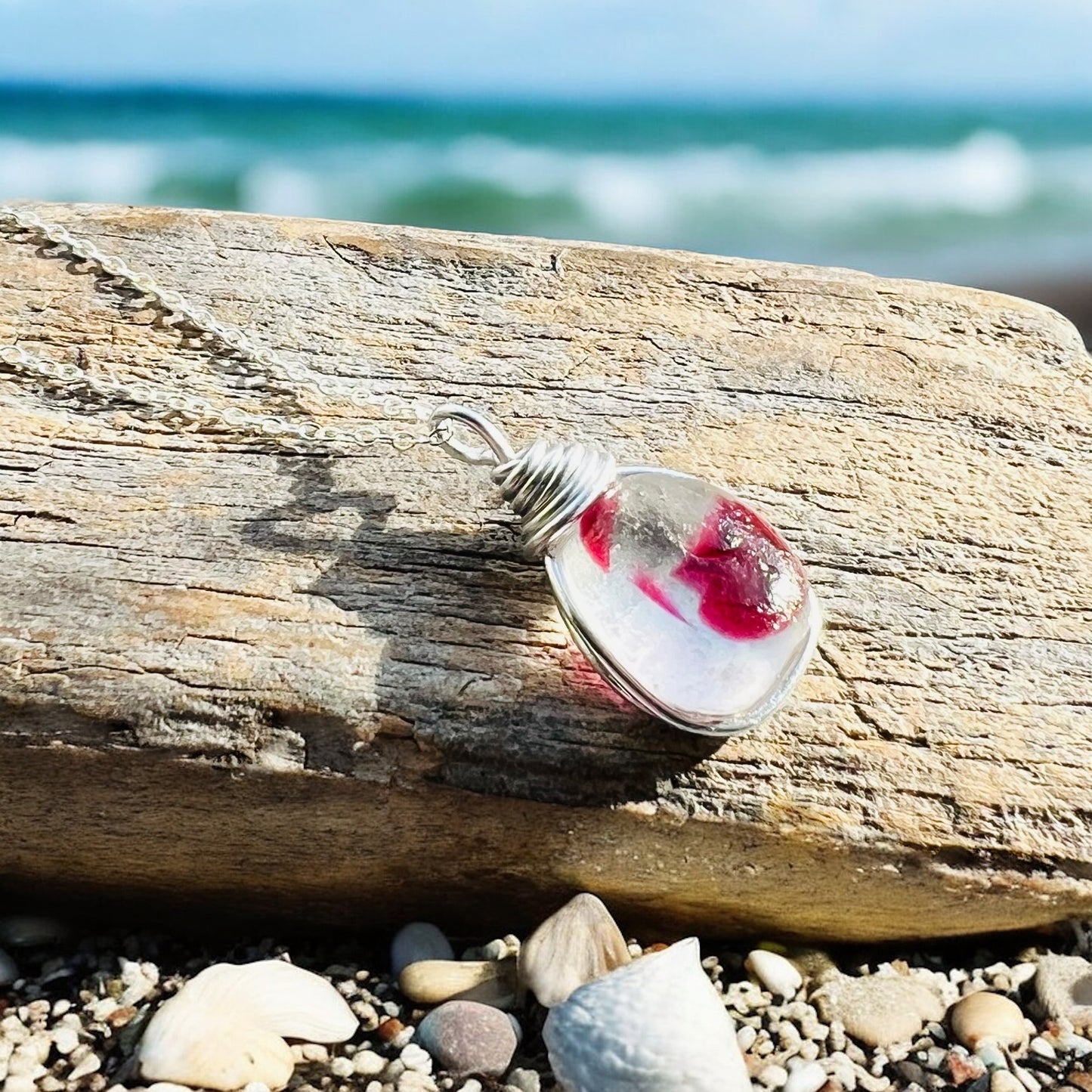 White & Red Seaham Sea Glass Multi Pendant