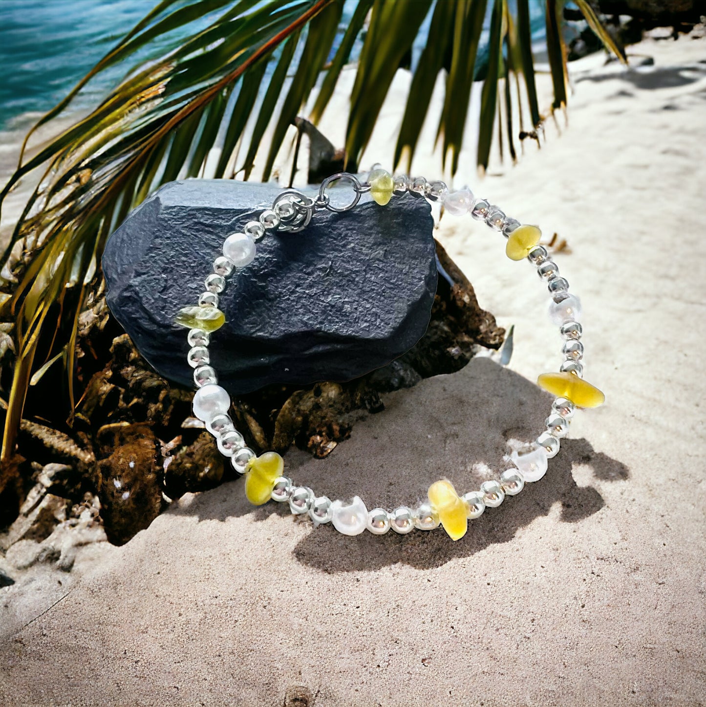 Yellow Seaham Sea Glass and Glass Pearl Bracelet