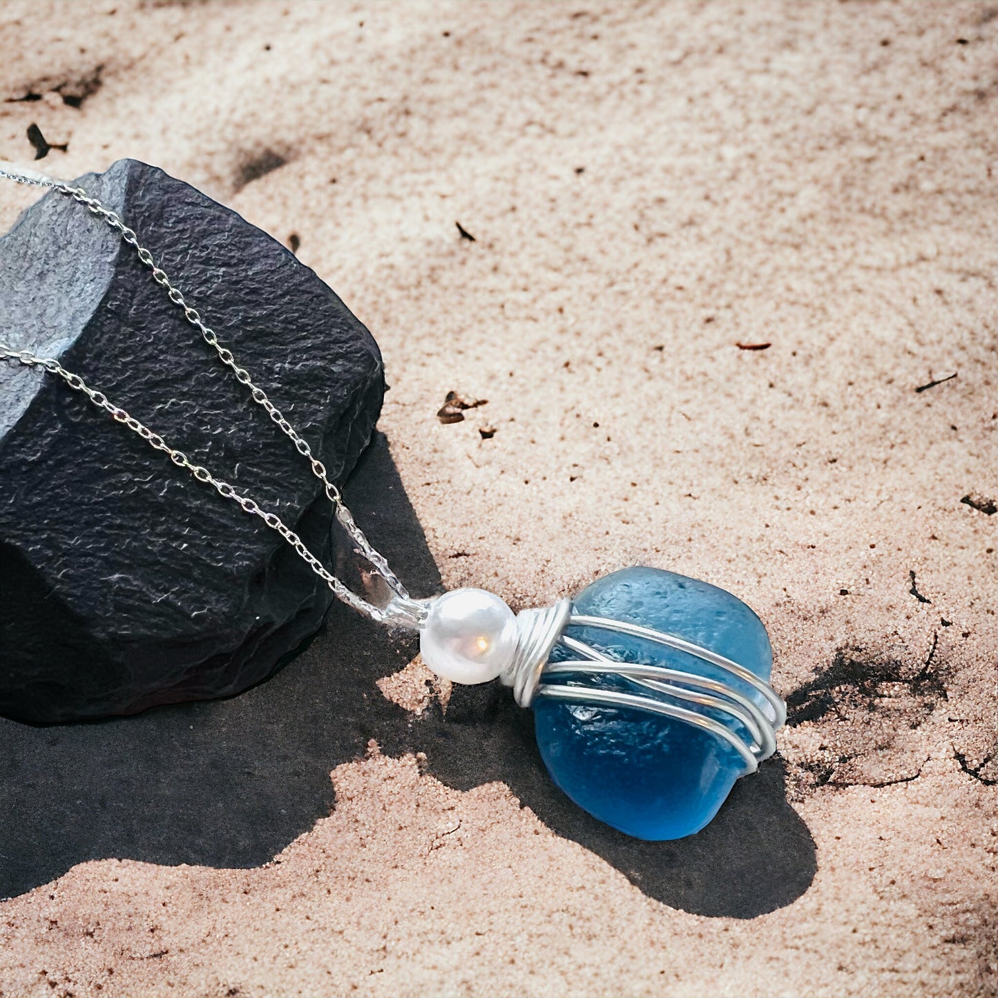 Large Chunky Blue Seaham Sea Glass Pebble Pendant