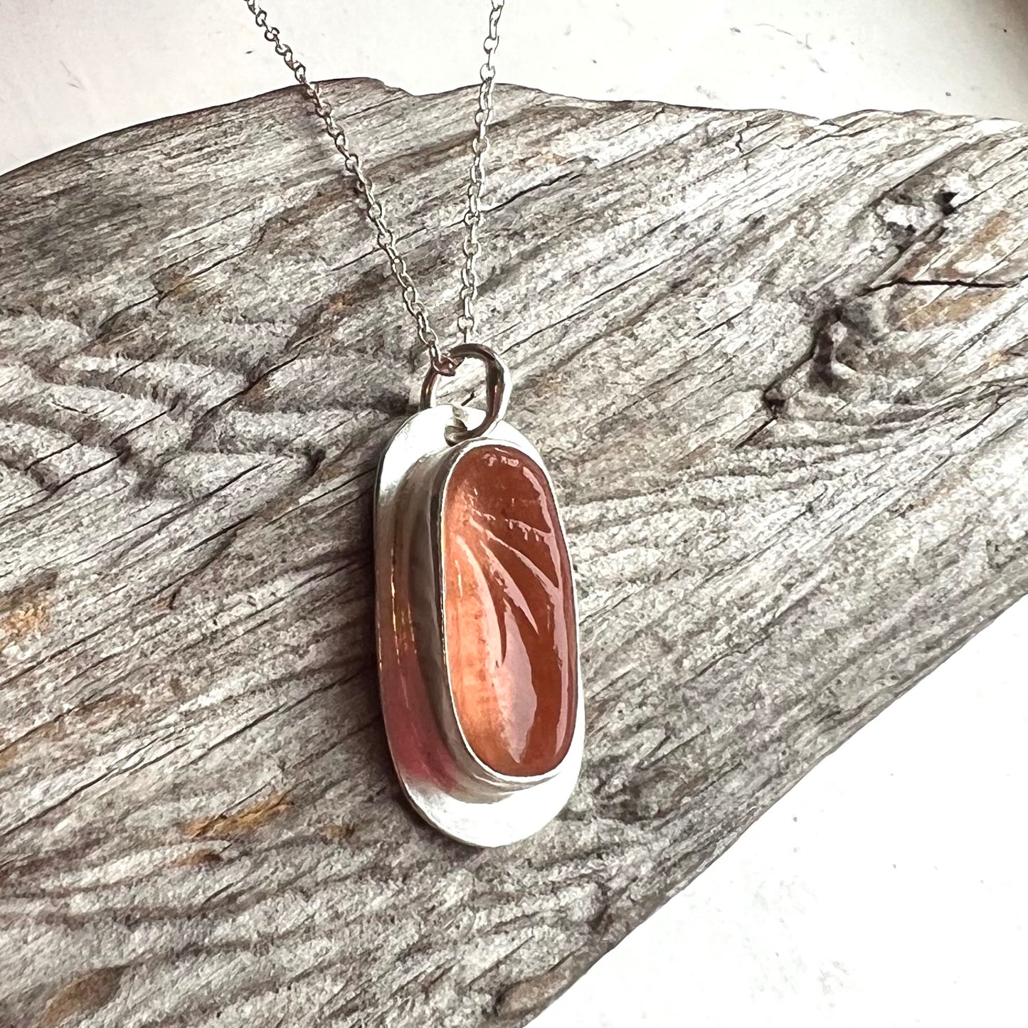 Bespoke Cornish Made Sea Glass Rare Peach Sterling Silver Setting Pendant