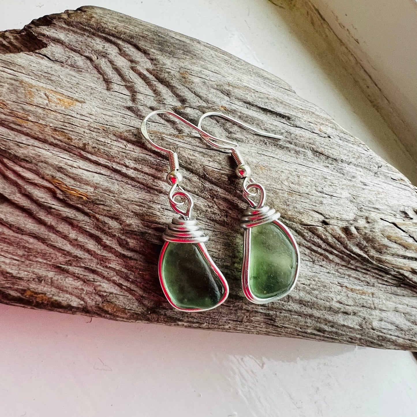 Lime Green Seaham Sea Glass Earrings On Sterling Silver Hooks