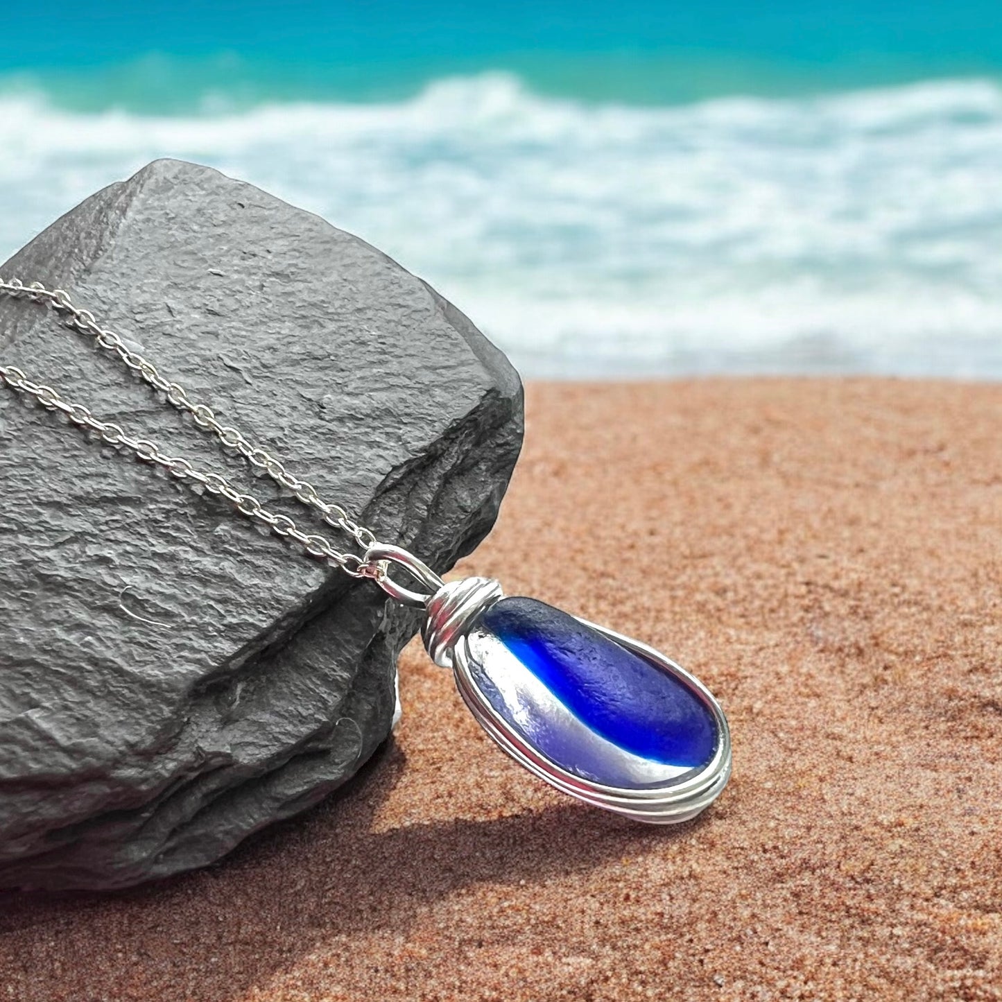 Deep Blue and White Seaham Sea Glass Multicolour Pendant