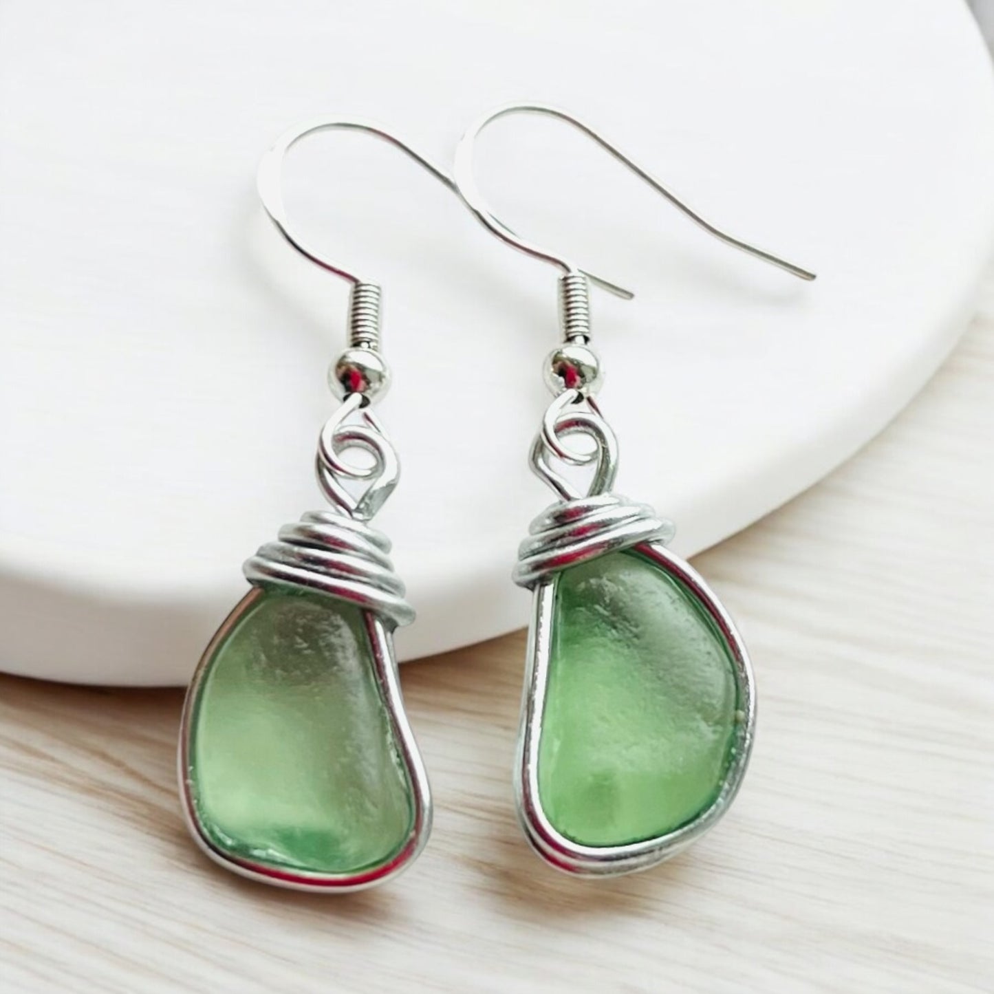 Lime Green Seaham Sea Glass Earrings On Sterling Silver Hooks