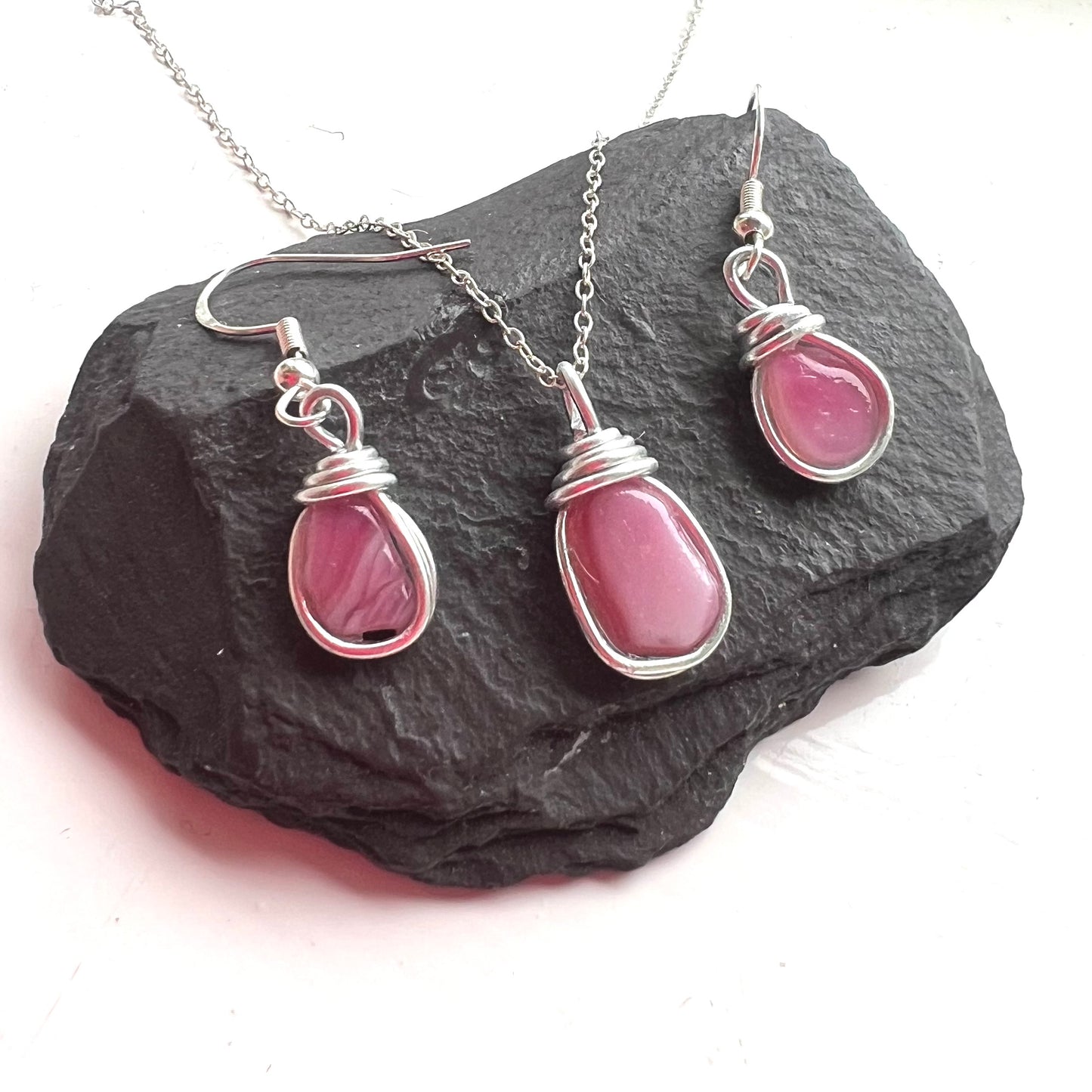 Rare Mid Pink Seaham Sea Glass Jewellery Set