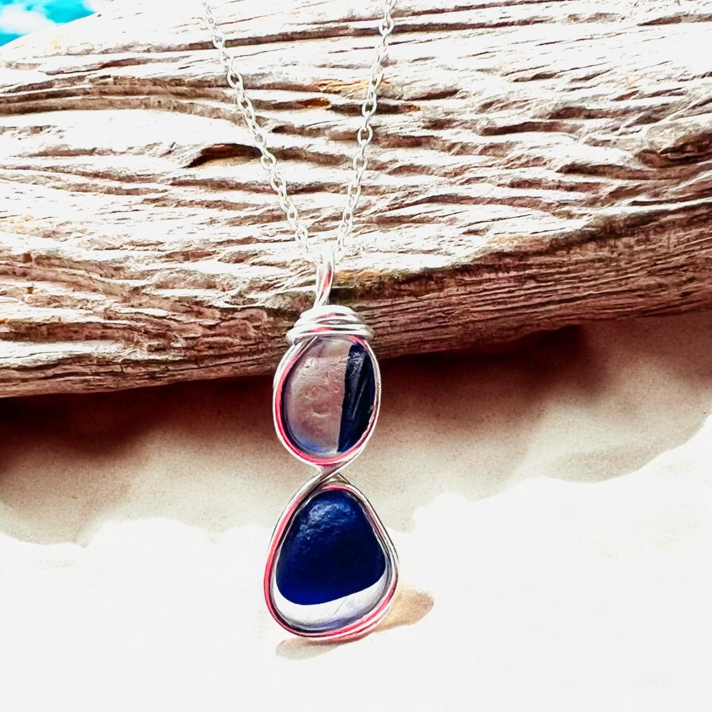 Deep Blue and White Two Piece Seaham Sea Glass Pendant