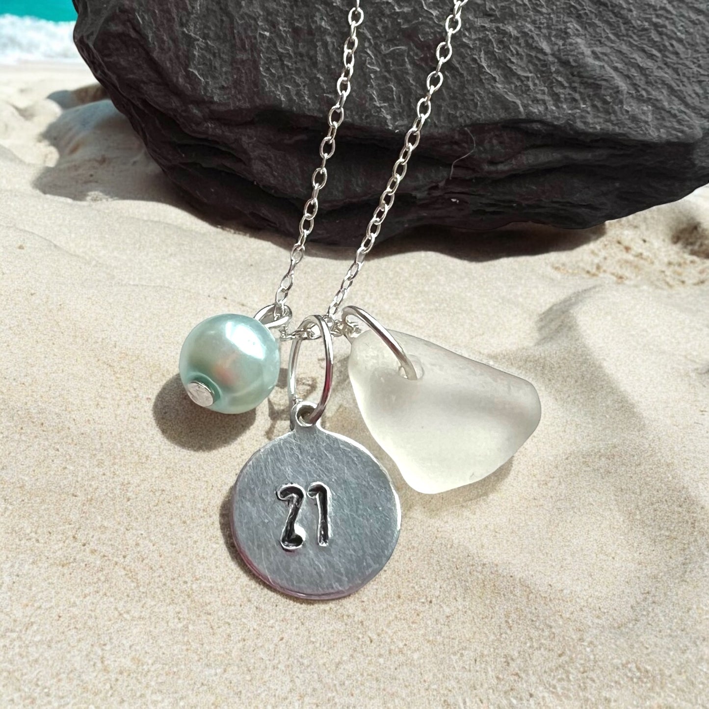 Hand Stamped Age or Date Charm and Sea Glass Pendant