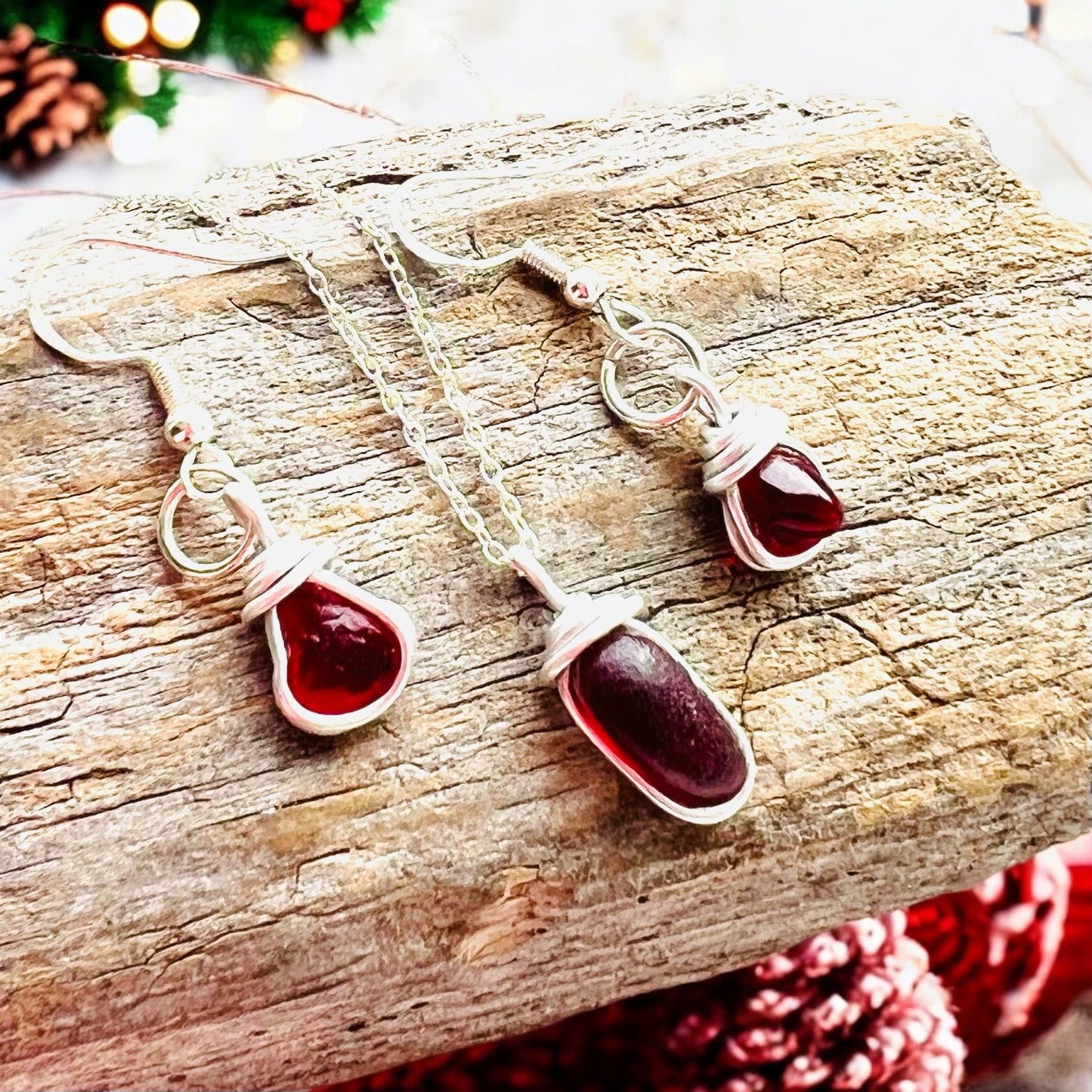 Rare Red Seaham Sea Glass Jewellery Set