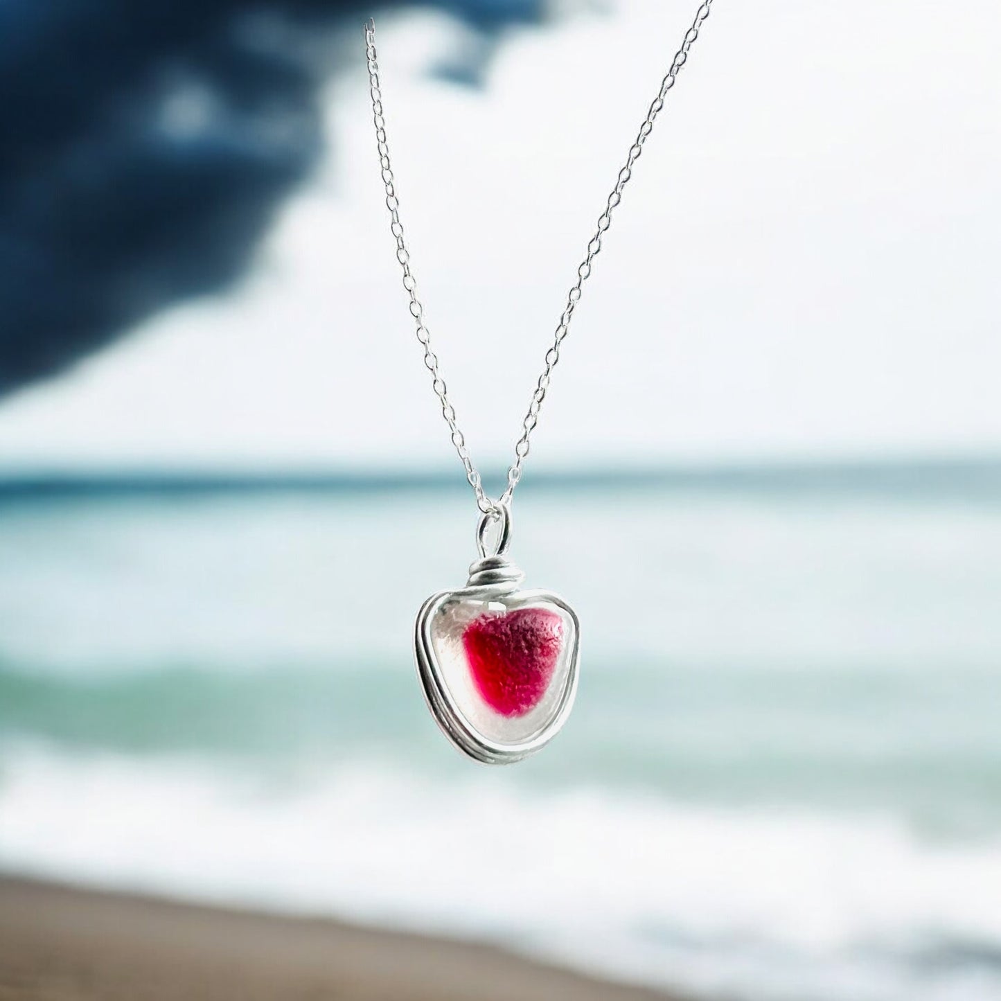 Stunning Heart Shape White & Pink Seaham Sea Glass Pendant