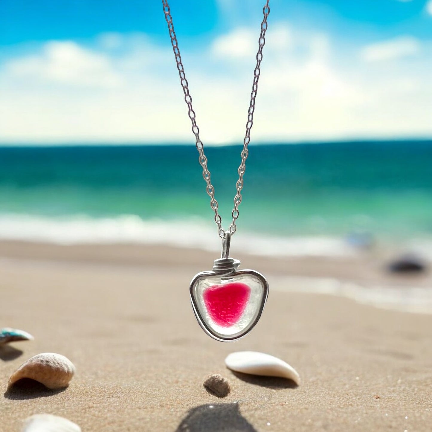 Stunning Heart Shape White & Pink Seaham Sea Glass Pendant