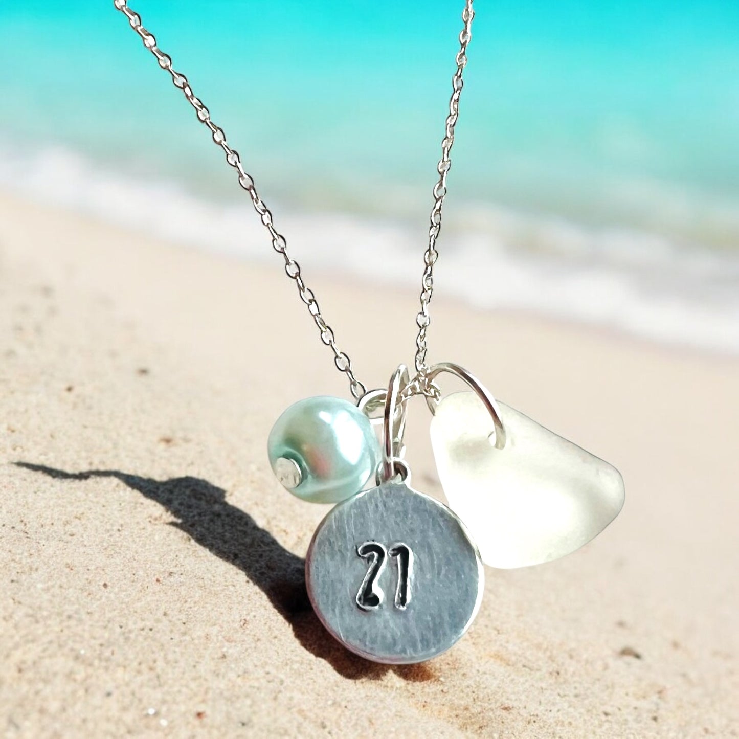 Hand Stamped Age or Date Charm and Sea Glass Pendant