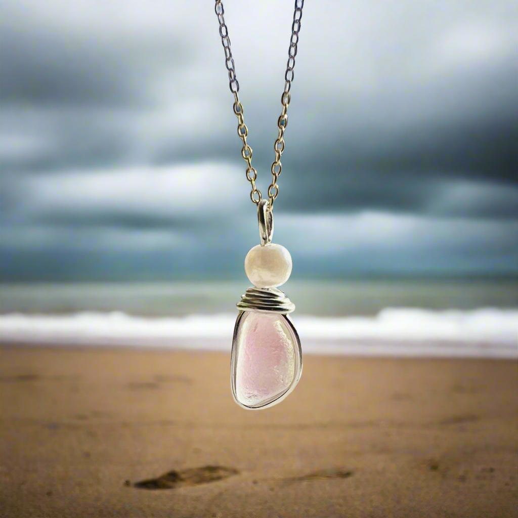 White & Pale Pink Seaham Sea Glass Pendant