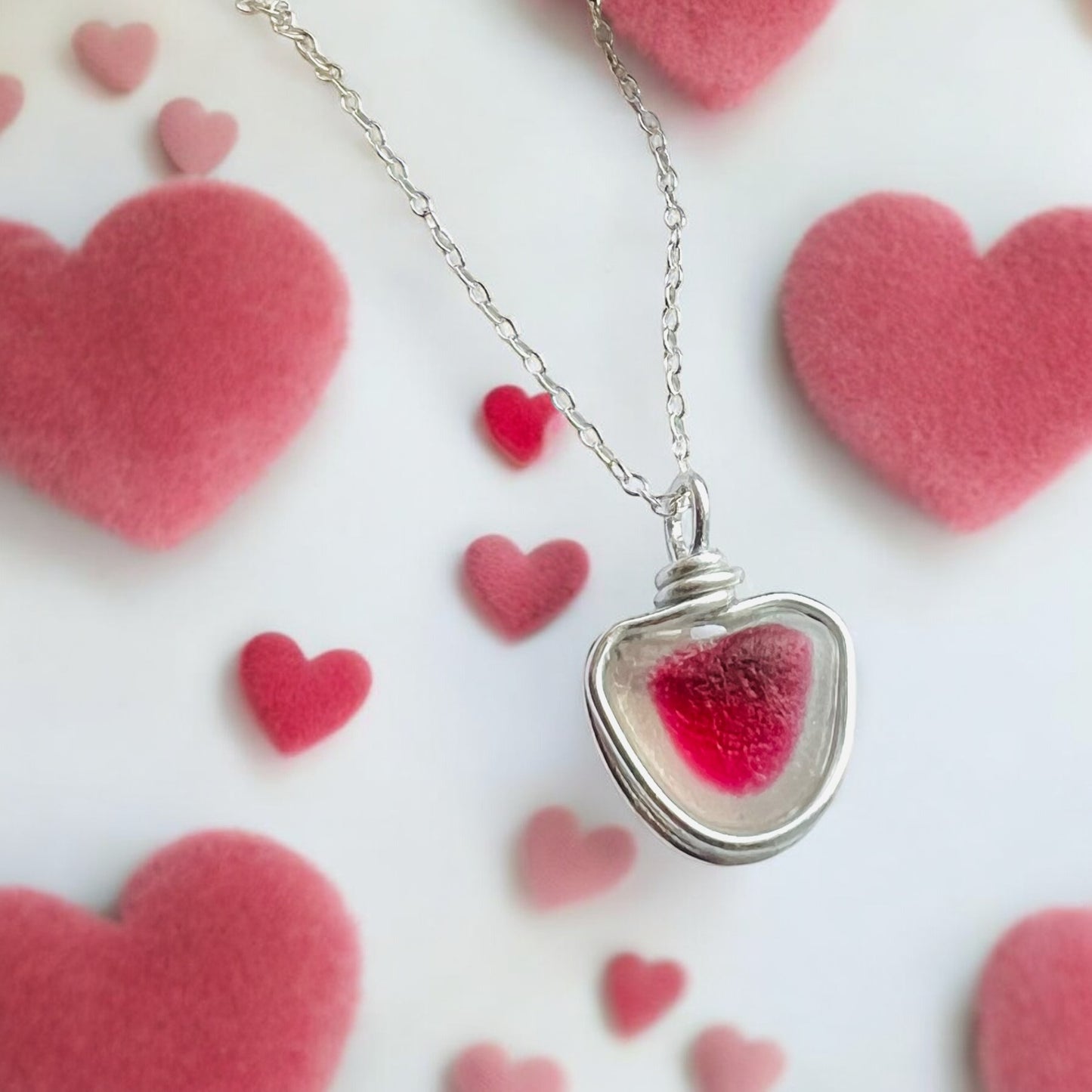 Stunning Heart Shape White & Pink Seaham Sea Glass Pendant