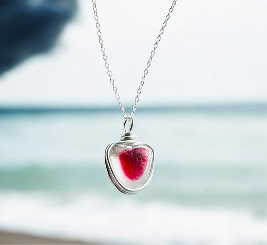 Stunning Heart Shape White & Pink Seaham Sea Glass Pendant