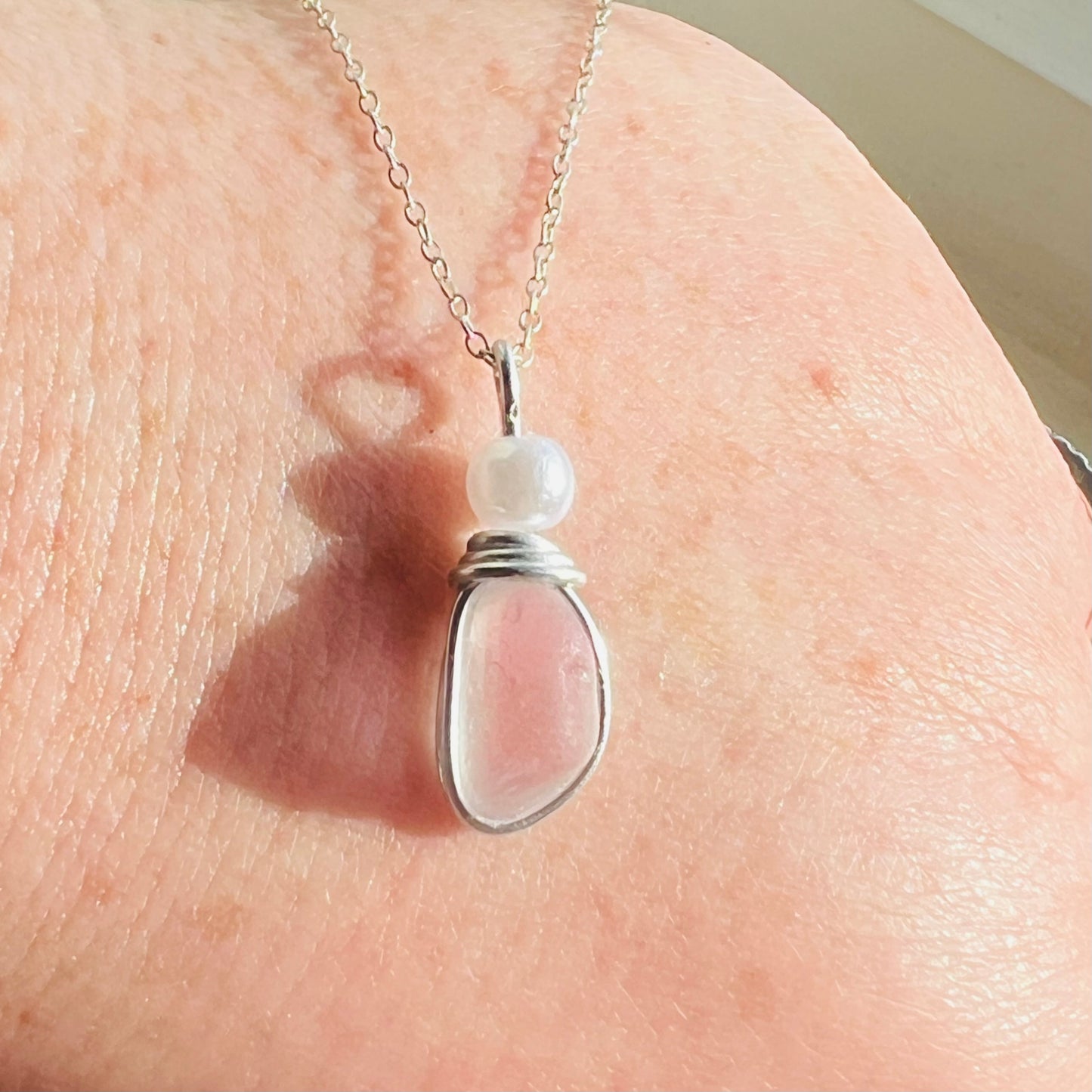 White & Pale Pink Seaham Sea Glass Pendant