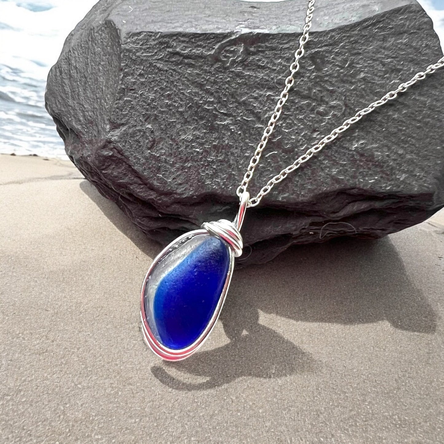 Deep Blue and White Seaham Sea Glass Multicolour Pendant