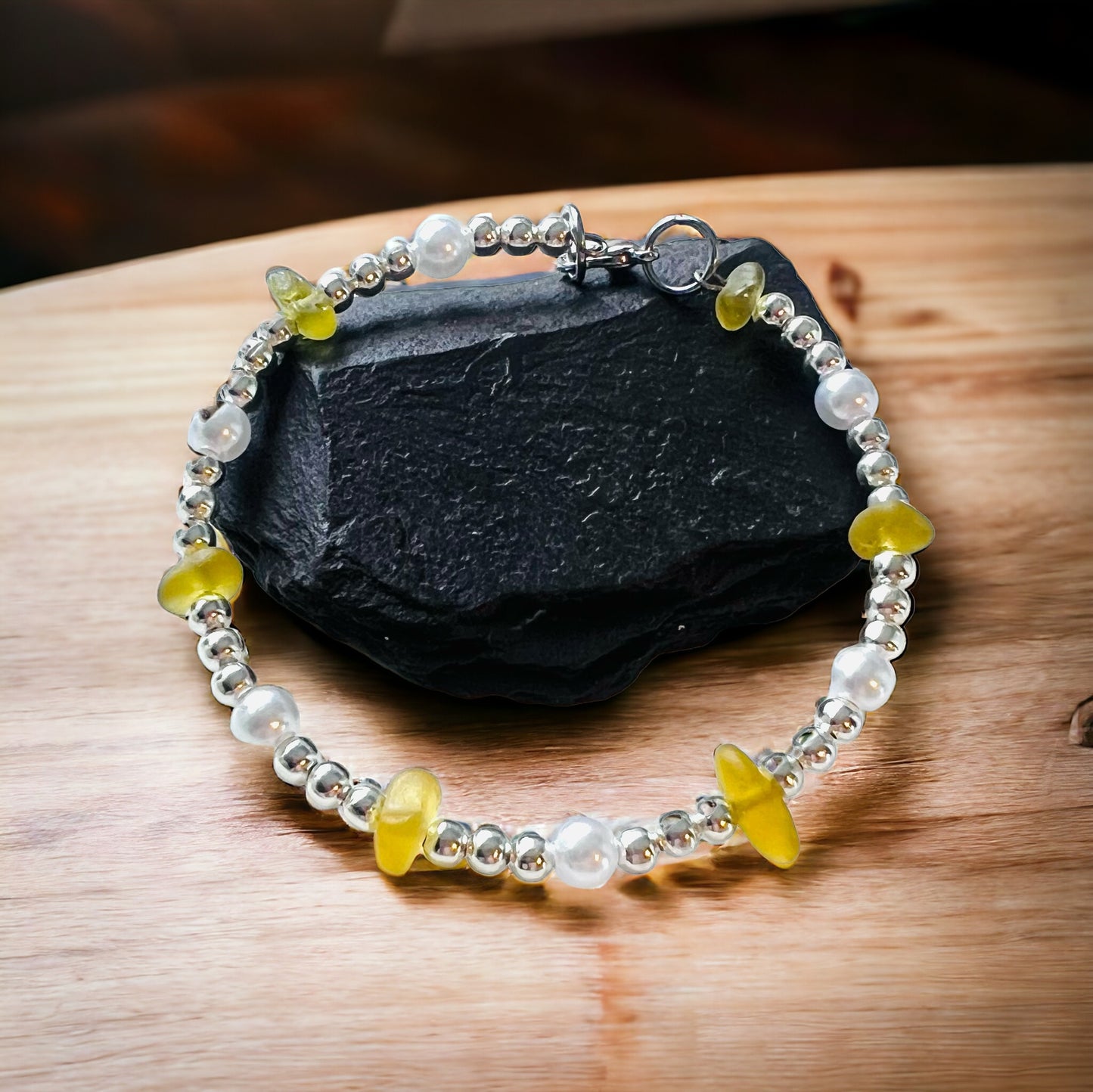 Yellow Seaham Sea Glass and Glass Pearl Bracelet