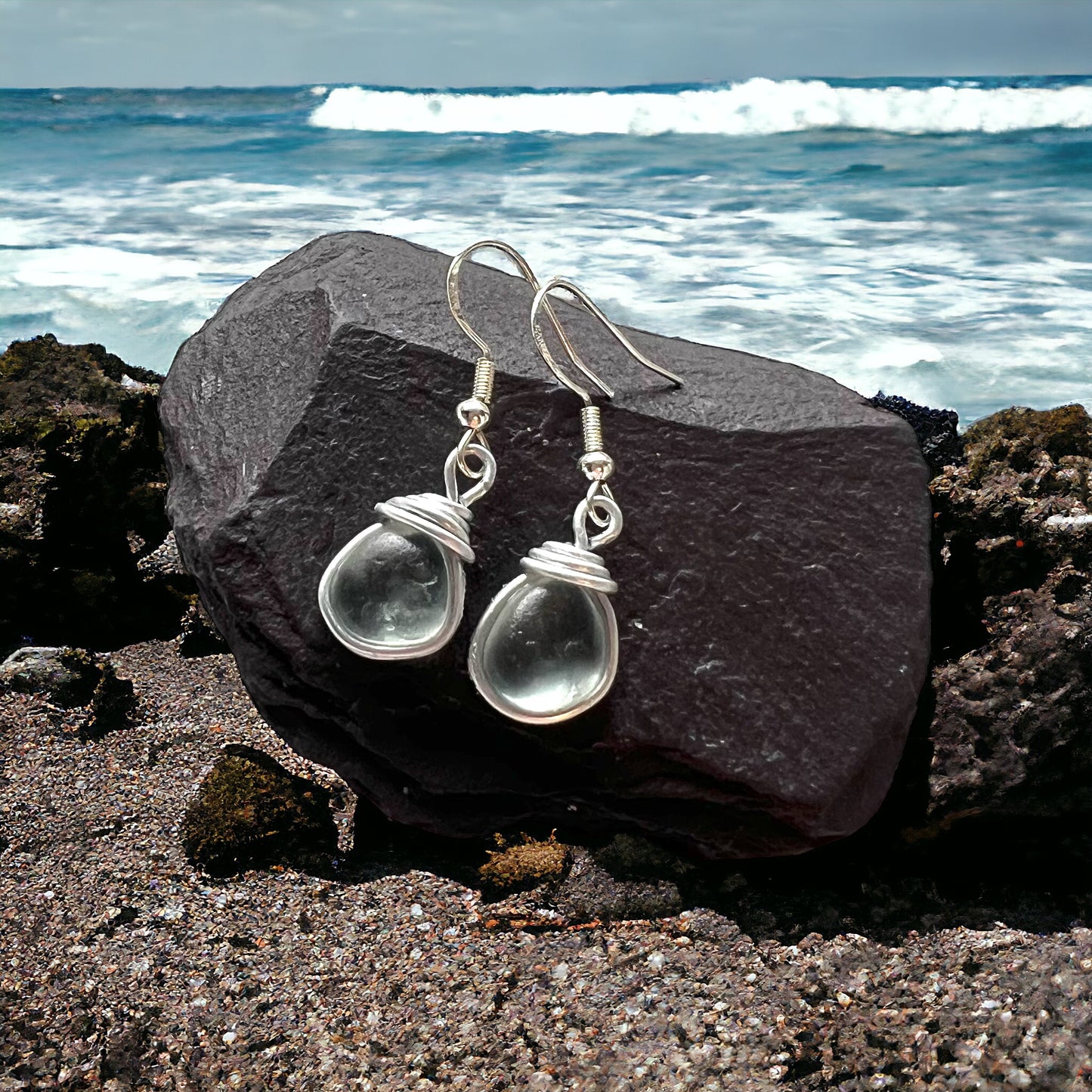 White Seaham Sea Glass Drop Earrings