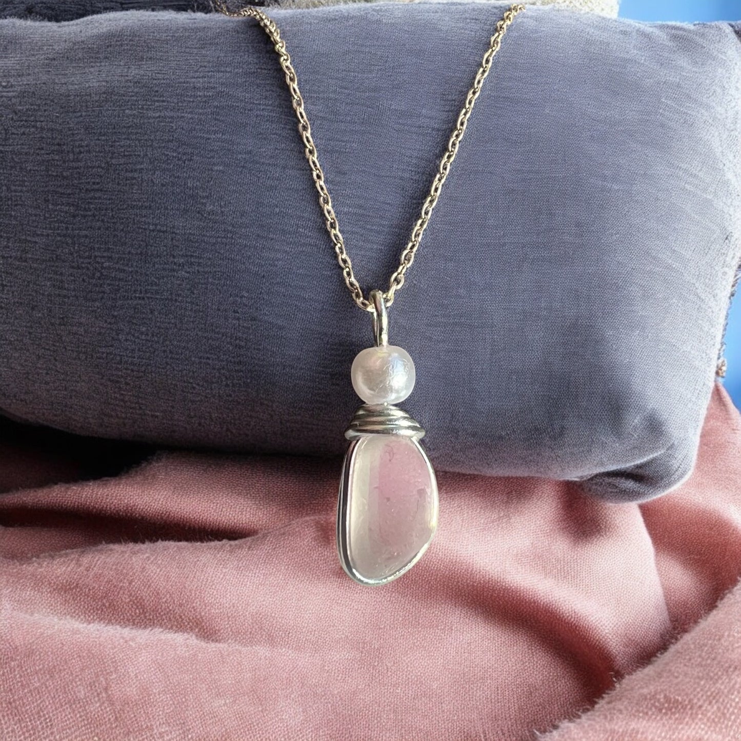 White & Pale Pink Seaham Sea Glass Pendant