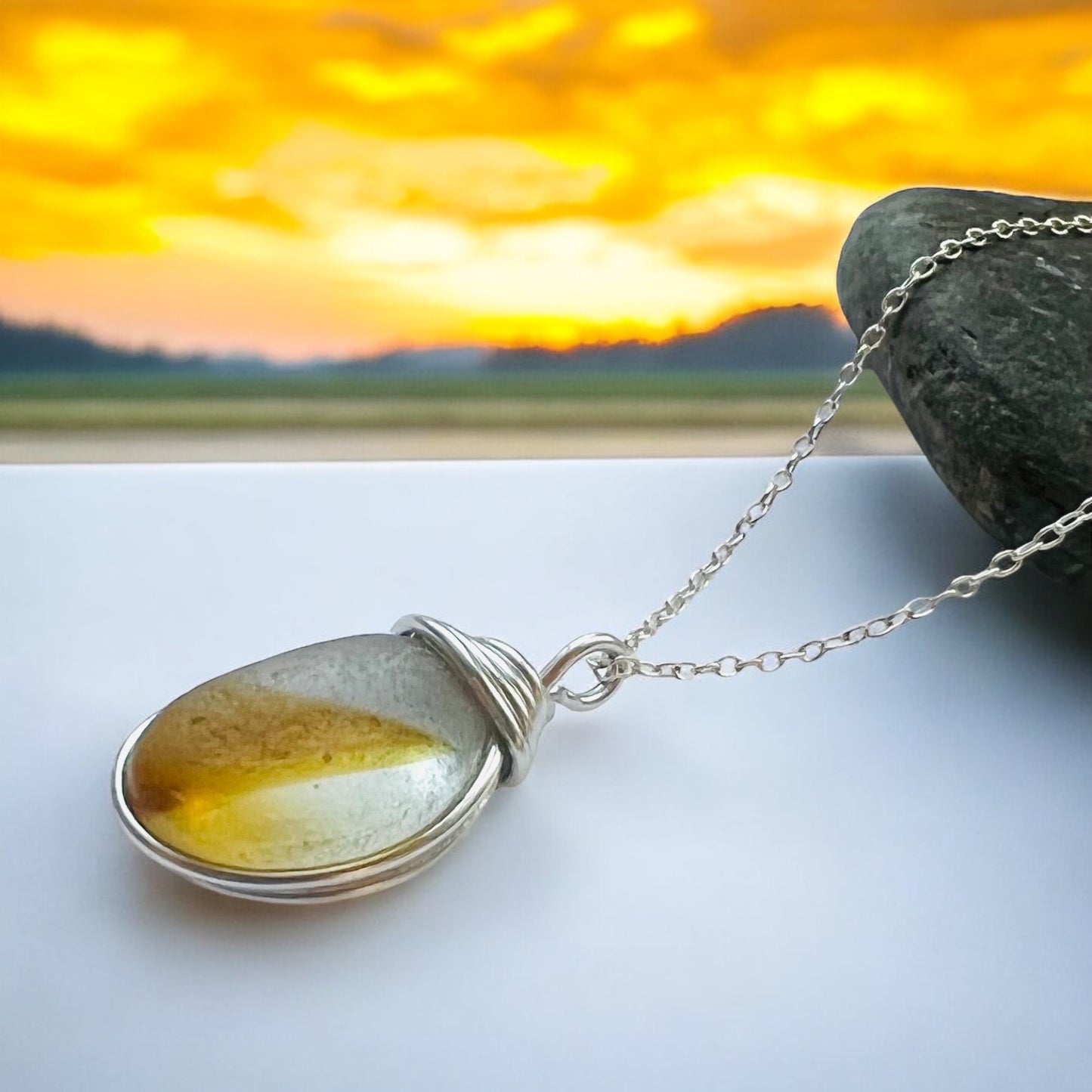 Yellow and White Seaham Sea Glass Pendant