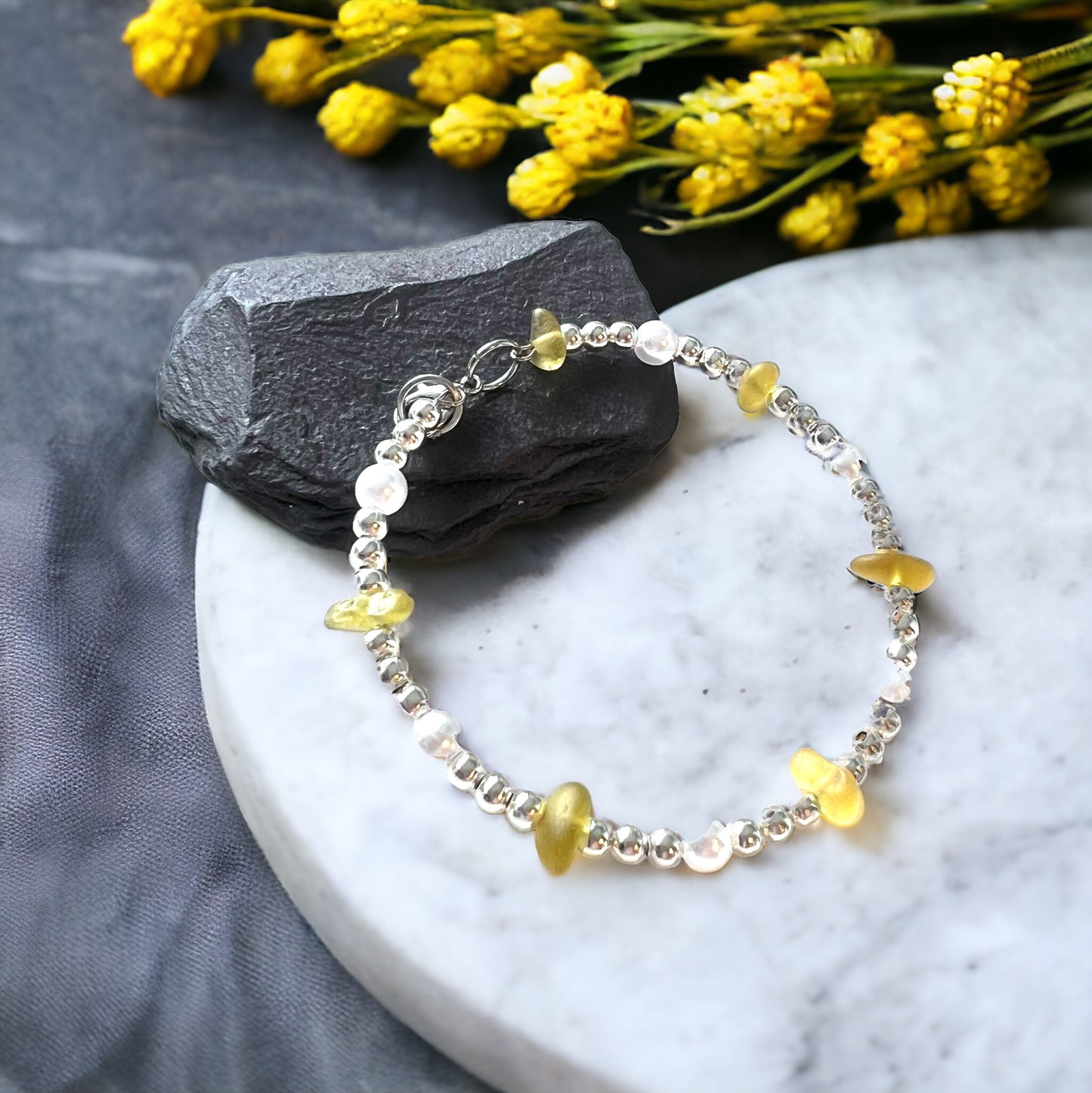 Yellow Seaham Sea Glass and Glass Pearl Bracelet