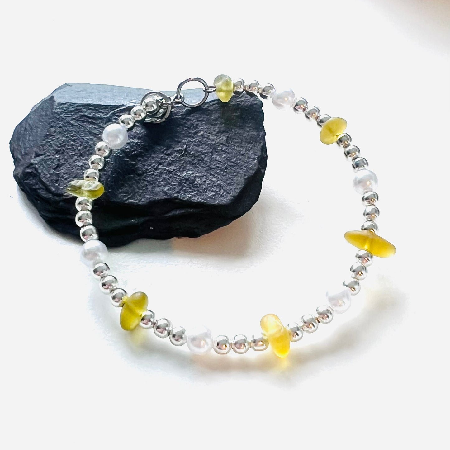 Yellow Seaham Sea Glass and Glass Pearl Bracelet