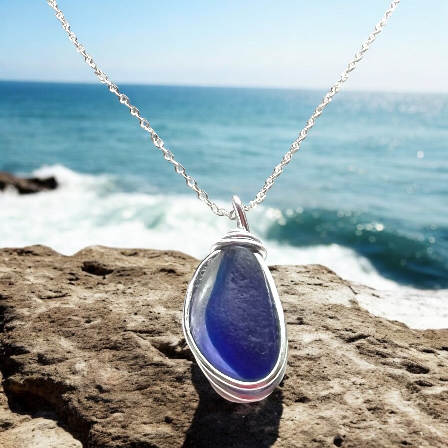 Deep Blue and White Seaham Sea Glass Multicolour Pendant