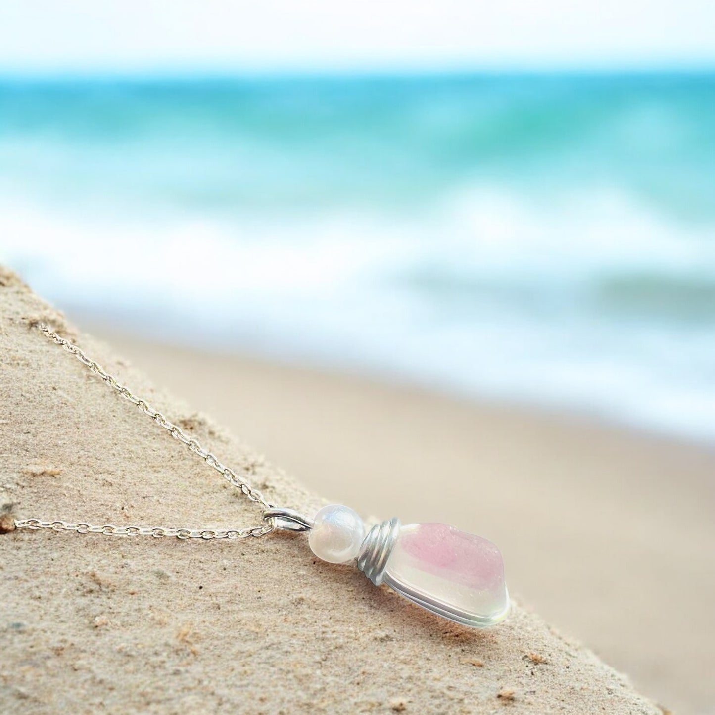 White & Pale Pink Seaham Sea Glass Pendant