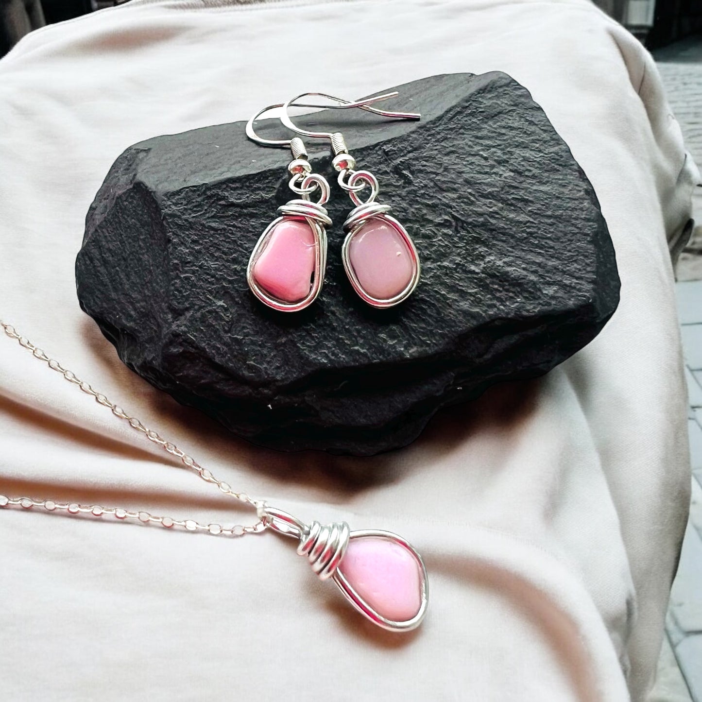 Rare Milky Pink Seaham Sea Glass Jewellery Set