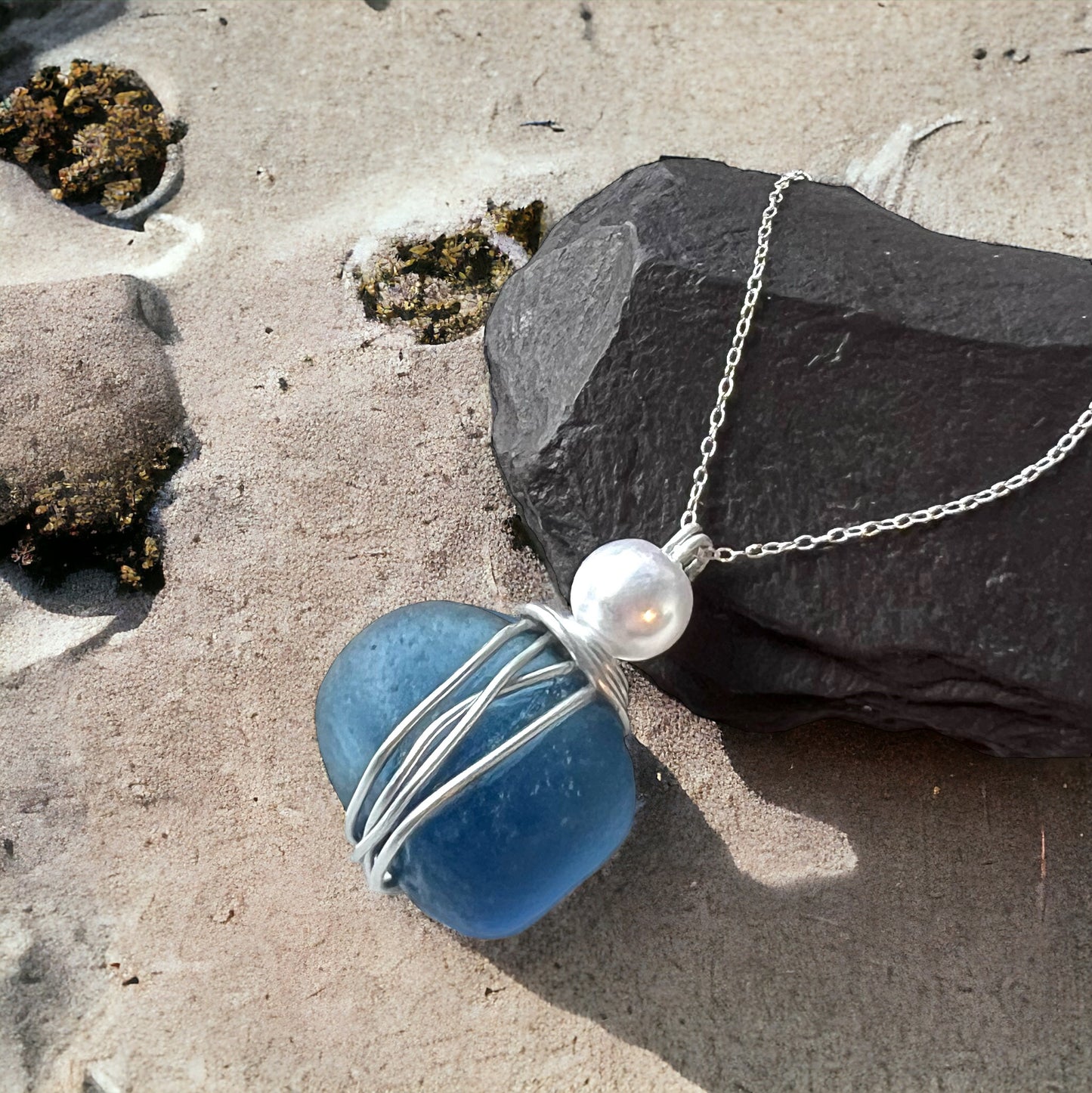 Large Chunky Blue Seaham Sea Glass Pebble Pendant