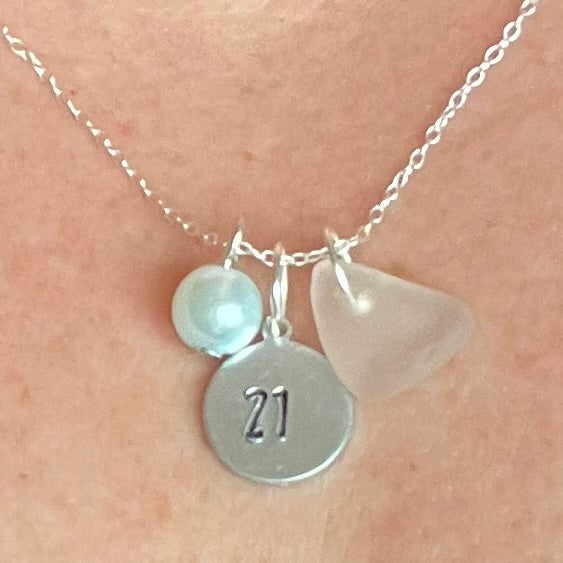 Hand Stamped Age or Date Charm and Sea Glass Pendant