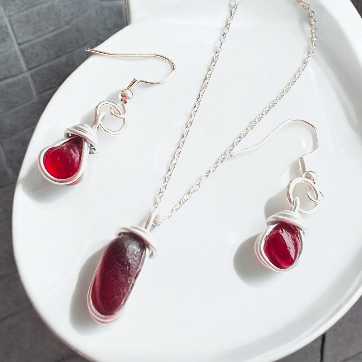 Rare Red Seaham Sea Glass Jewellery Set