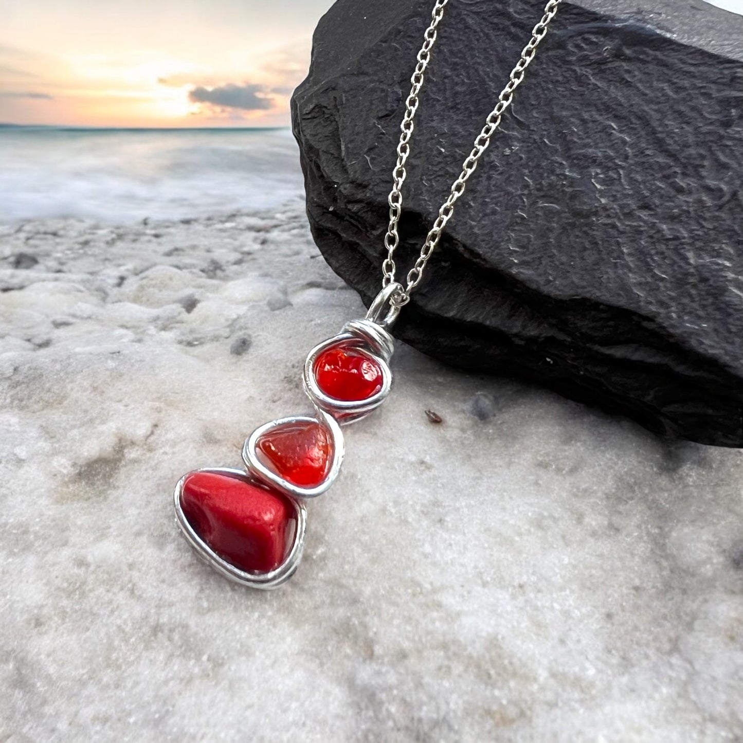 Rare Red and Orange Seaham Sea Glass Pendant