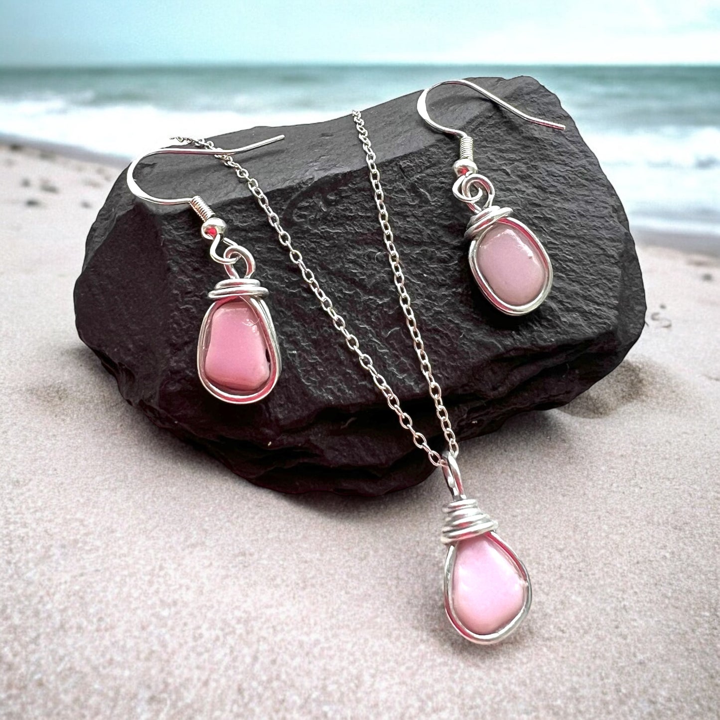 Rare Milky Pink Seaham Sea Glass Jewellery Set