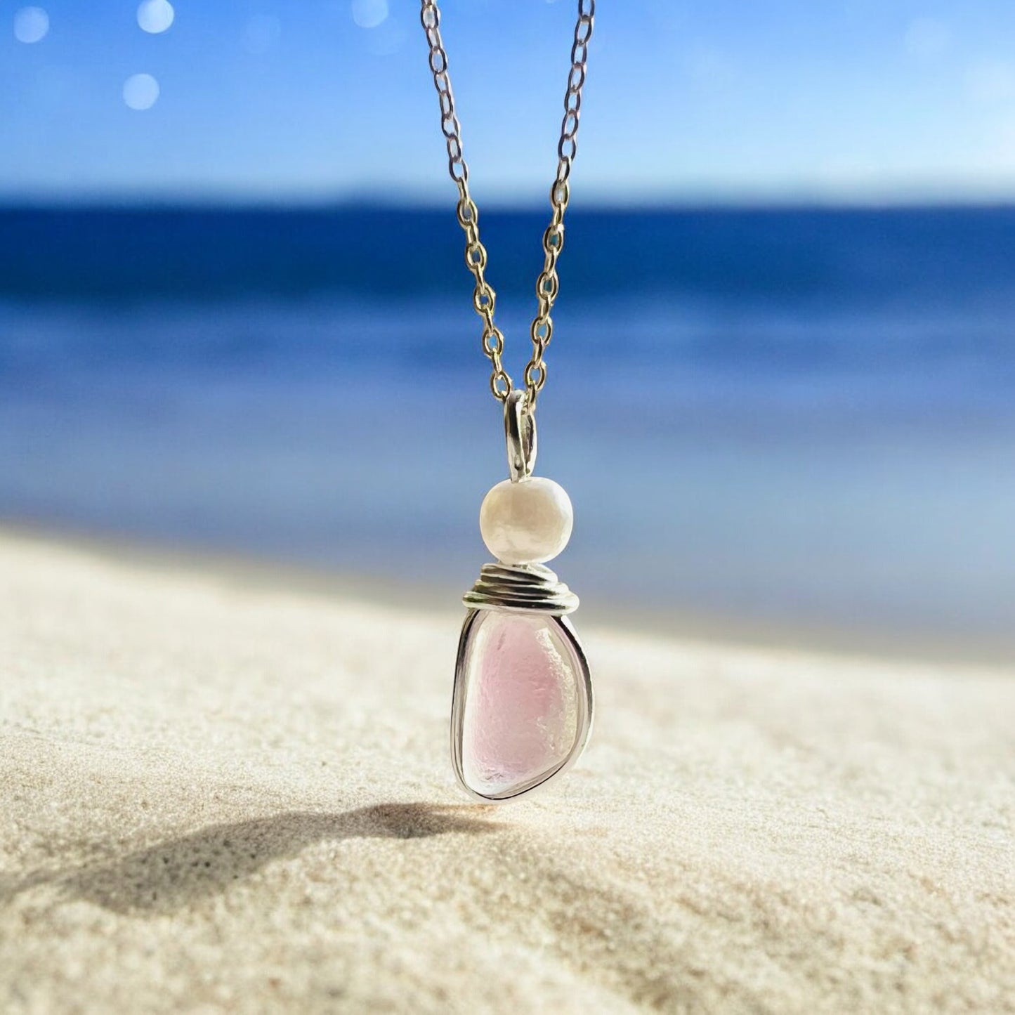 White & Pale Pink Seaham Sea Glass Pendant