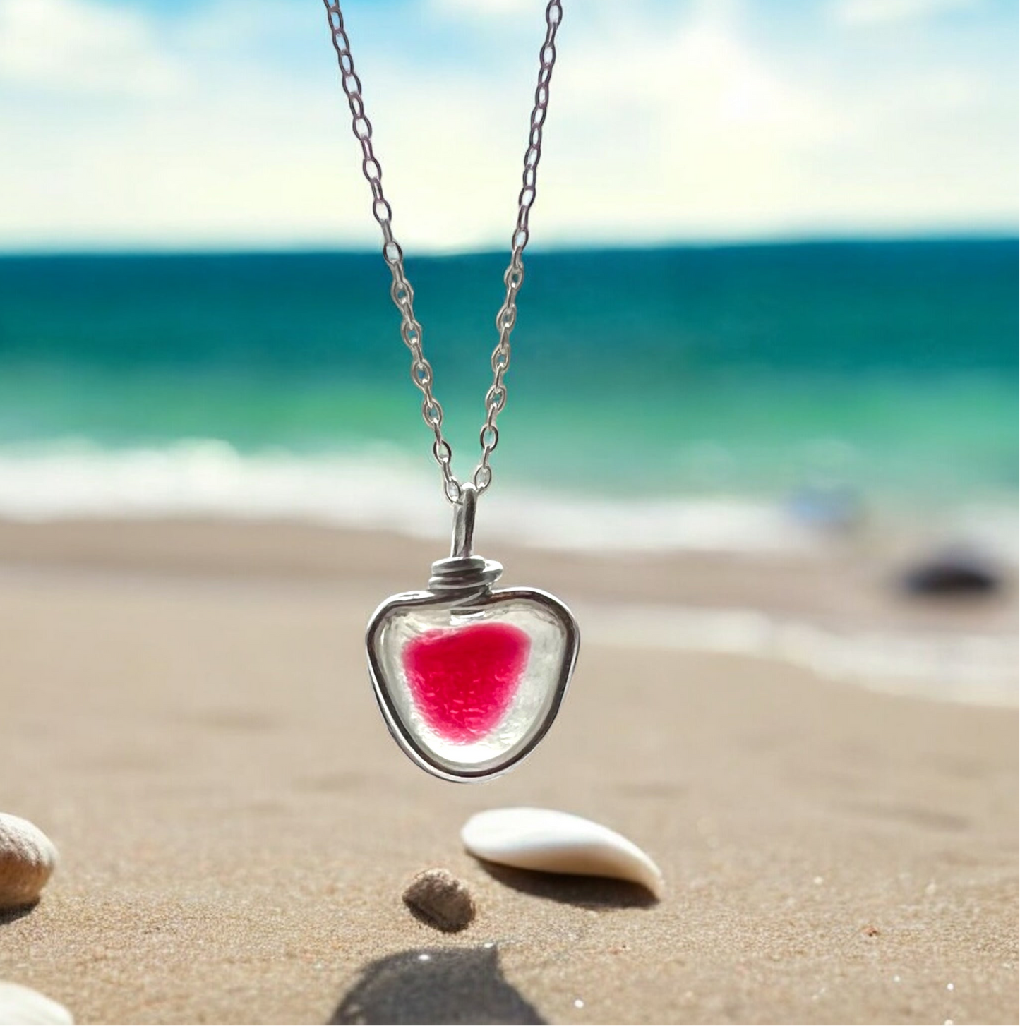 Stunning Heart Shape White & Pink Seaham Sea Glass Pendant