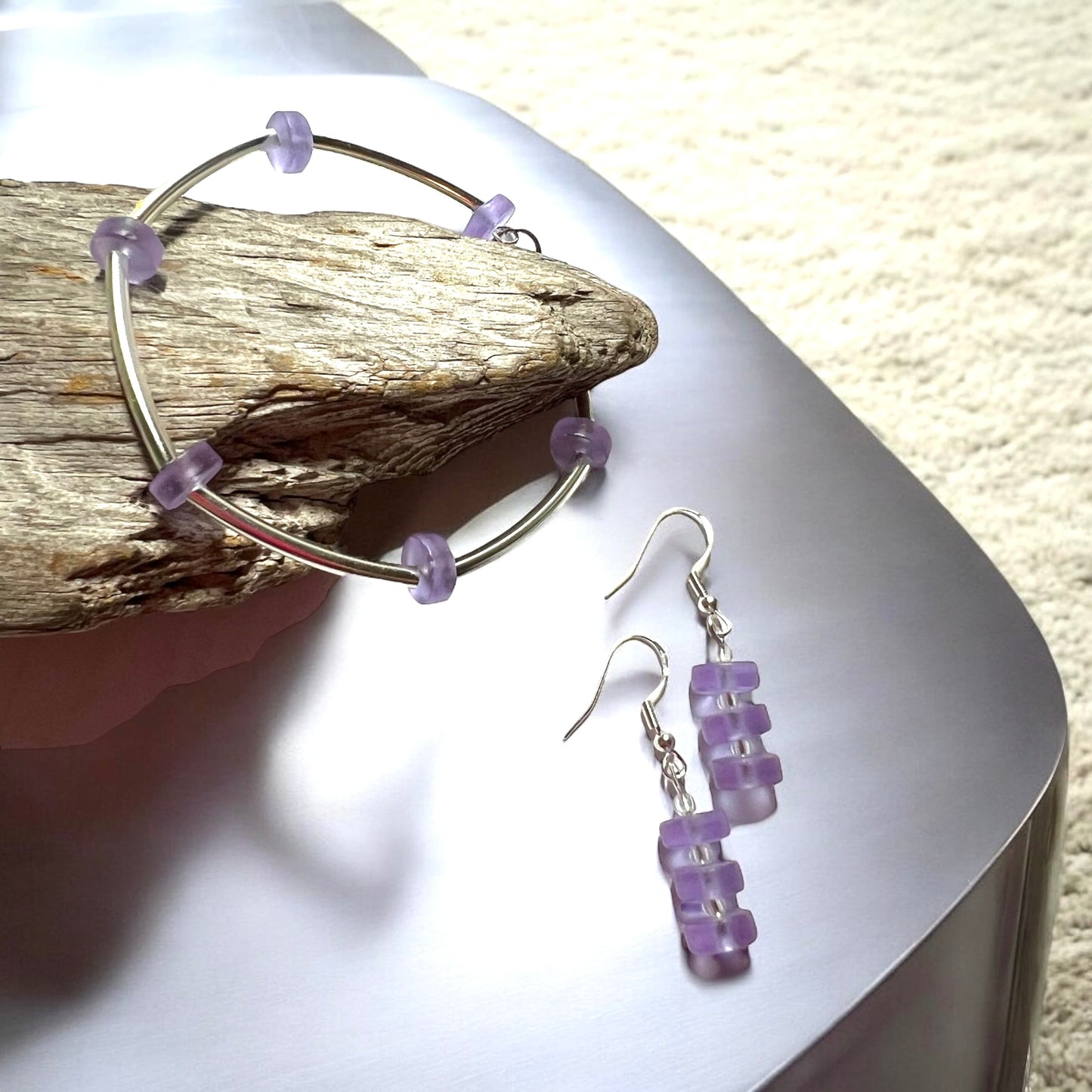 Cultured Sea Glass Jewellery Set in Lilac / Periwinkle