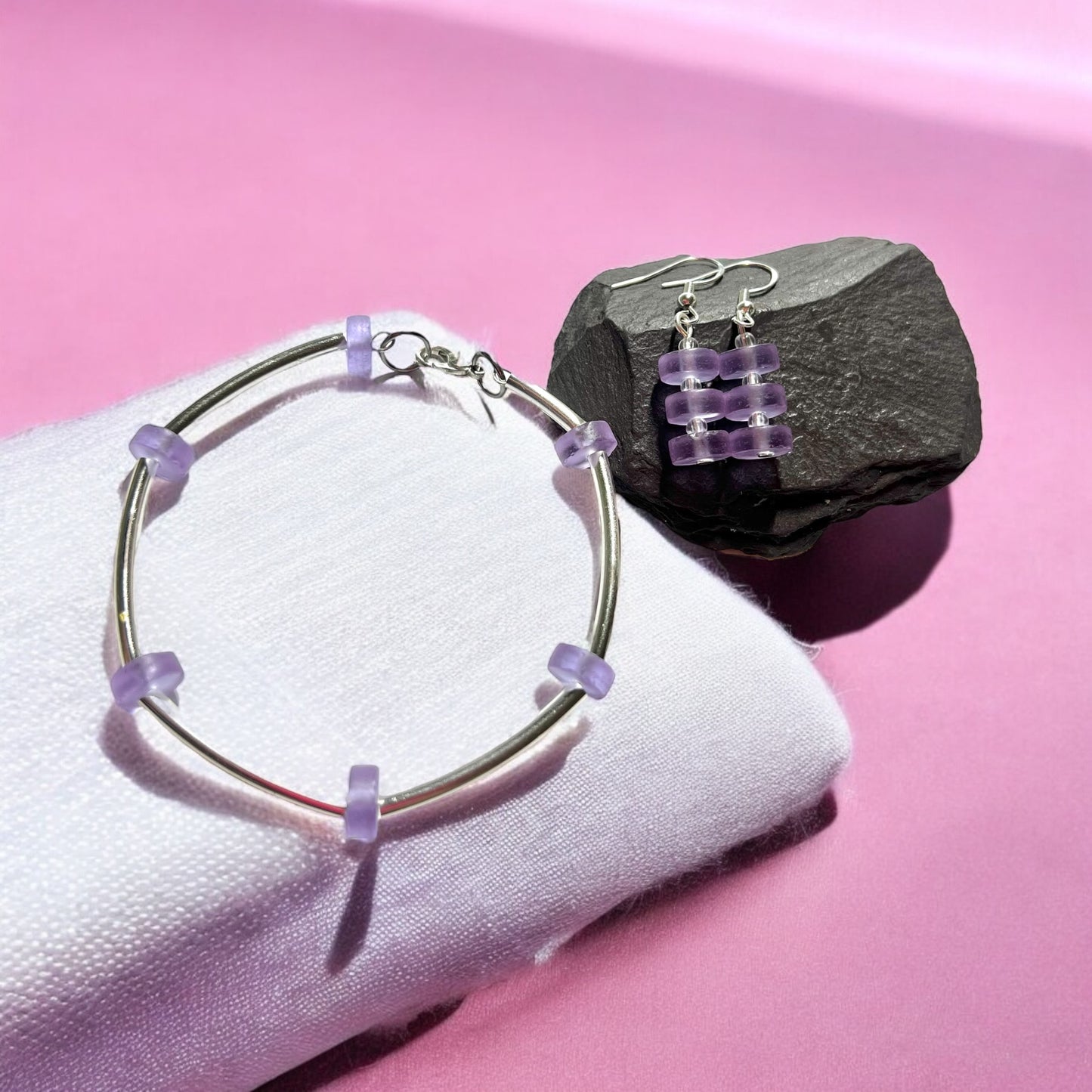 Cultured Sea Glass Jewellery Set in Lilac / Periwinkle